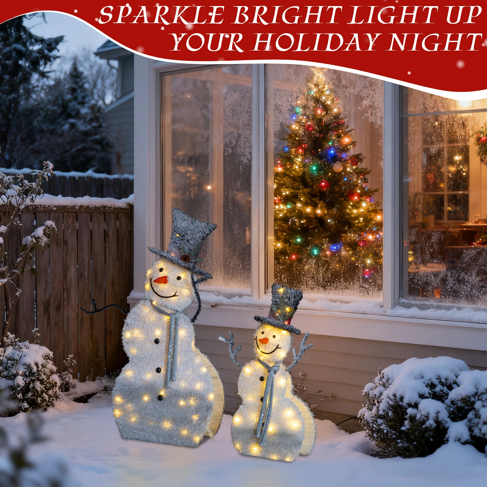 Set of 2 Lighted Snowman with Top Hat Christmas Decorations, Pre-lit 2D Holiday Decor with 80 Warm White LED Lights for Xmas Outdoor Indoor Decor Lighted Holiday Displays view 10