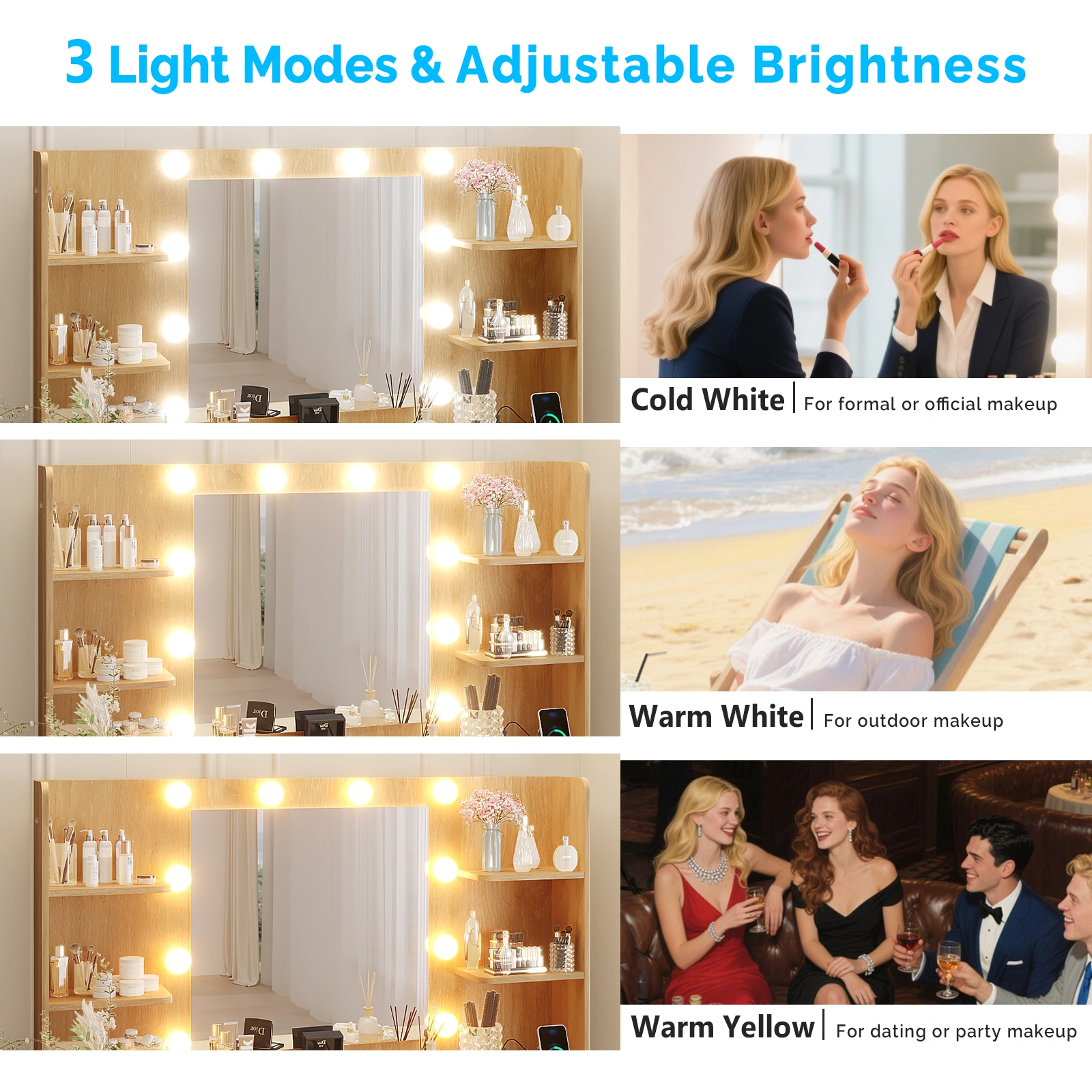 Oak-colored particleboard with a 7-drawer, 4-shelf dressing table set with 10 three-tone light bulbs, power strip, and grille. view 4