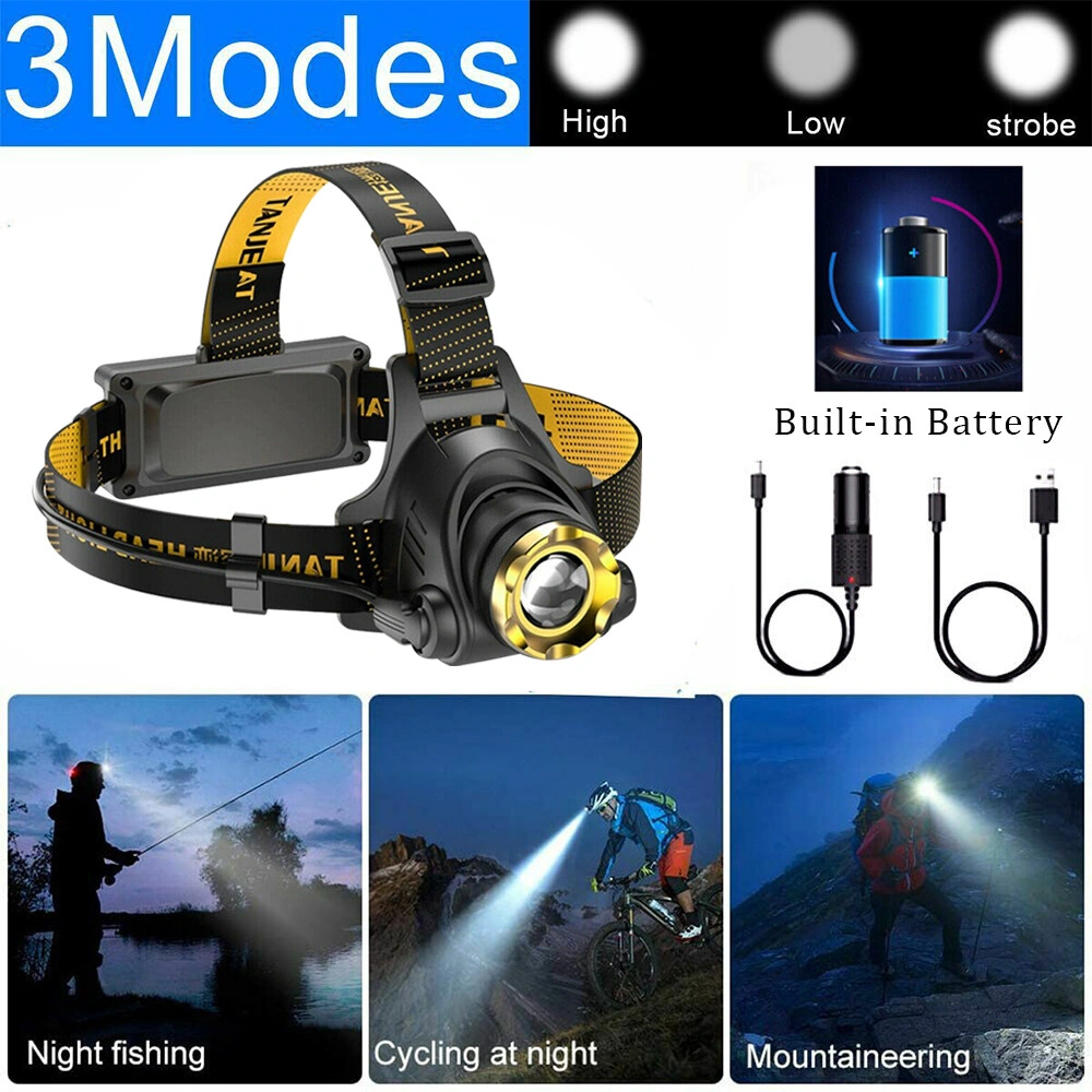 USB Rechargeable LED Headlamp 3 Modes Adjustable Camping Hiking Headlight with Car Charger & USB Cable