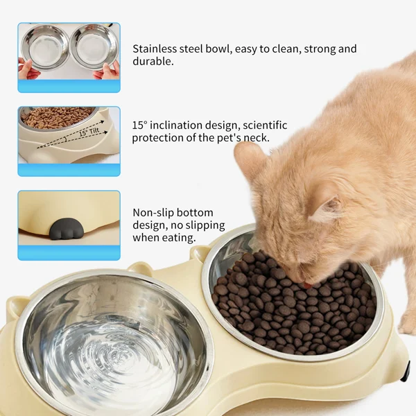Anti slip base double cat food bowl, pink stainless steel food and water bowl, easy to clean and detachable design, cat and dog pet feeder view 5