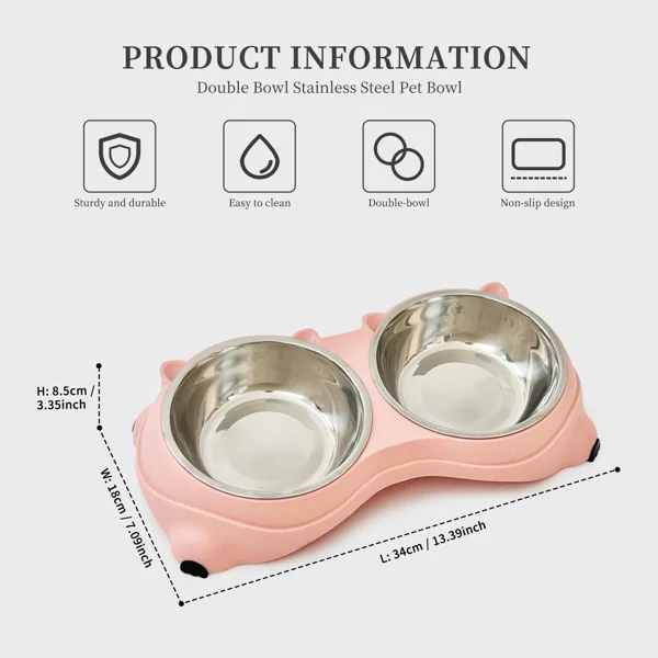 Anti slip base double cat food bowl, pink stainless steel food and water bowl, easy to clean and detachable design, cat and dog pet feeder