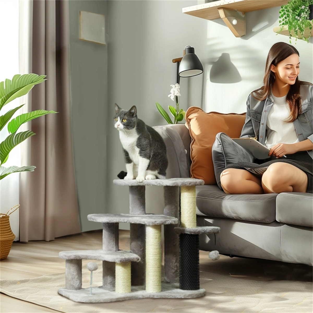 3-Step Cat Stairs 2-in-1 Cat Tree Tower with Scratching Post & Toy Balls, Indoor Cat Condo
