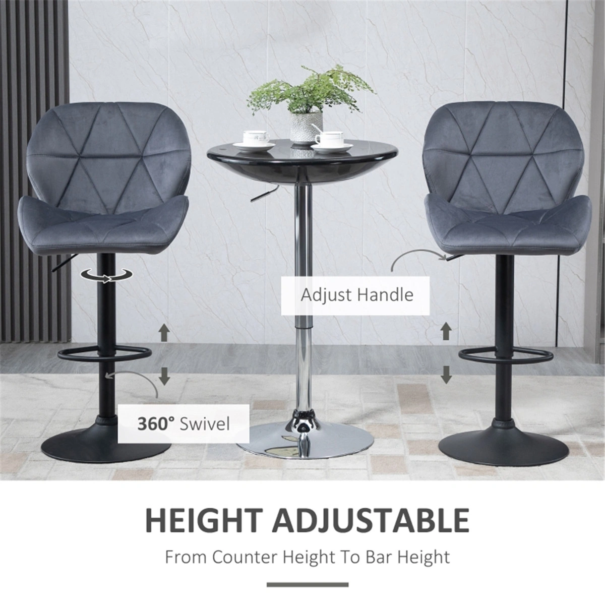 Ergonomic Bar Stool, Dining Chair & Office Chair, Set of 2, Adjustable 24-32" Height, Memory Foam Seat, Velvet Cushion, Black view 2