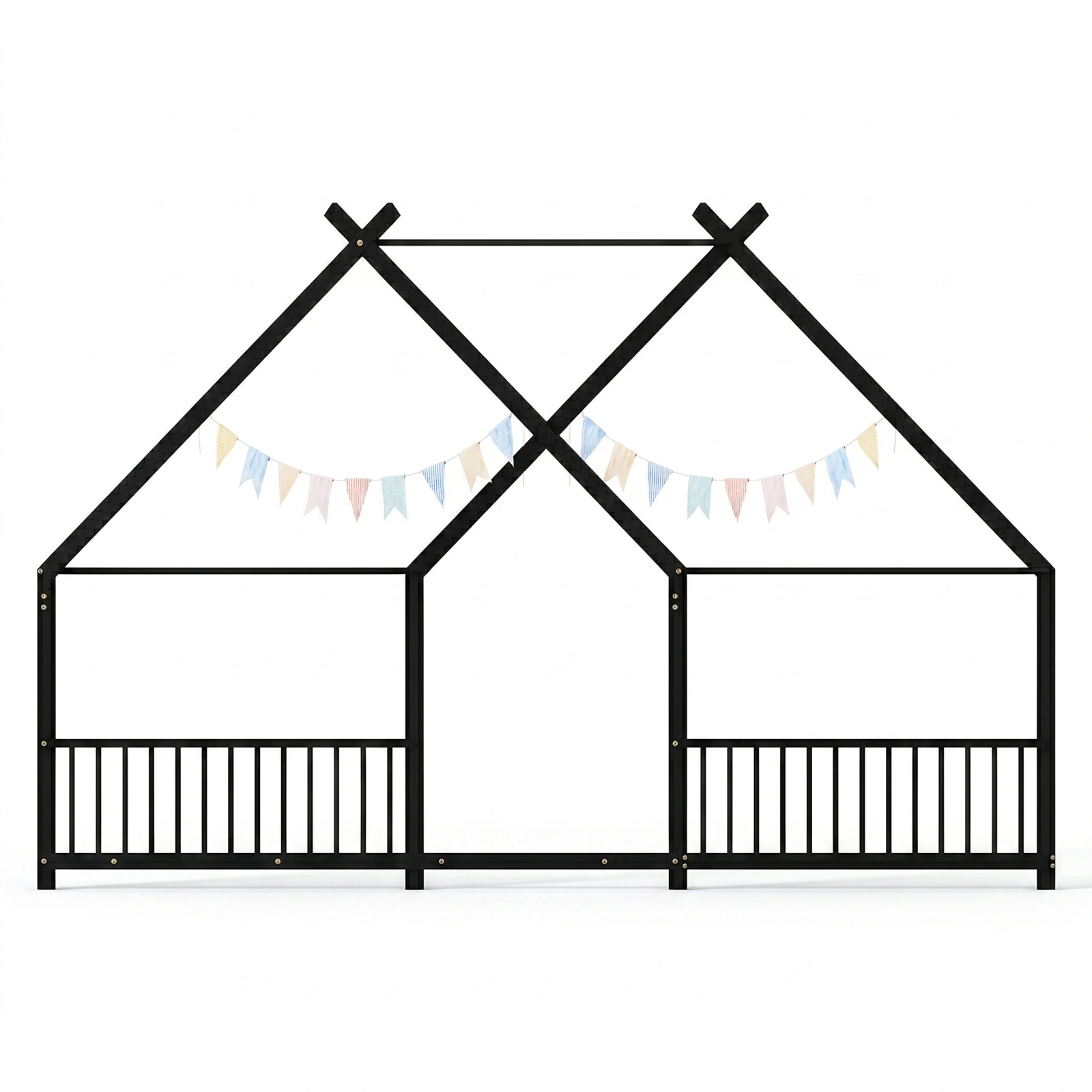 Full Size Metal House Bed Frame, Montessori Floor Bed with Safety Side Guard Rails, No Box Spring Needed, House-Shaped Platform Bed for Kids Toddlers Boys Girls, Black