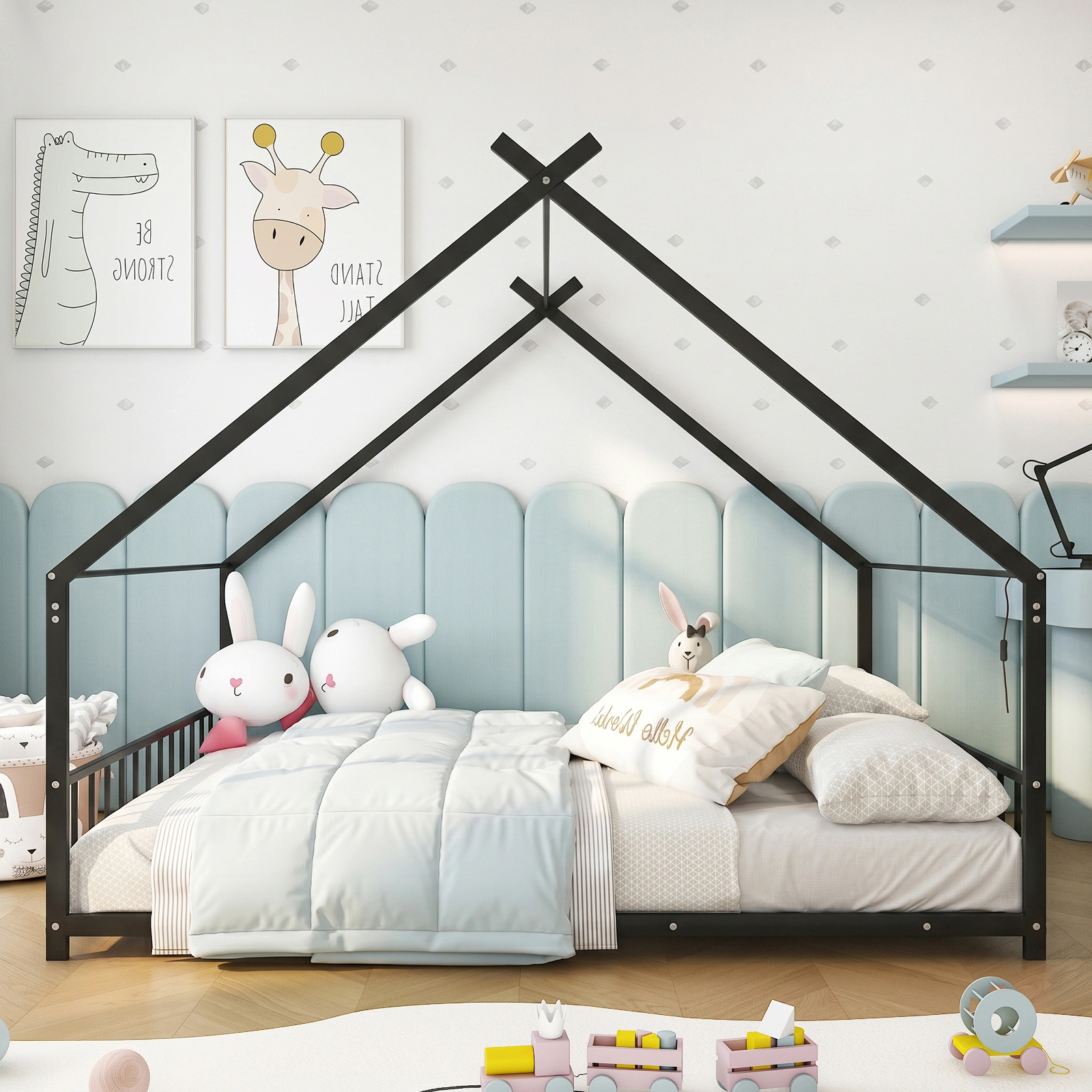 Full Size Metal House Bed Frame, Montessori Floor Bed with Safety Side Guard Rails, No Box Spring Needed, House-Shaped Platform Bed for Kids Toddlers Boys Girls, Black view 13