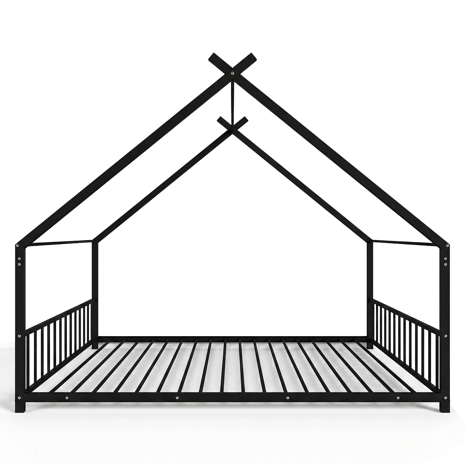 Full Size Metal House Bed Frame, Montessori Floor Bed with Safety Side Guard Rails, No Box Spring Needed, House-Shaped Platform Bed for Kids Toddlers Boys Girls, Black view 3