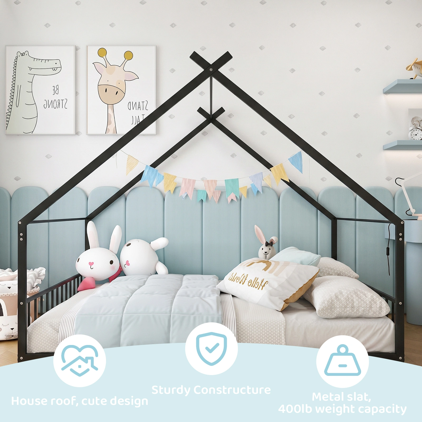 Full Size Metal House Bed Frame, Montessori Floor Bed with Safety Side Guard Rails, No Box Spring Needed, House-Shaped Platform Bed for Kids Toddlers Boys Girls, Black view 6