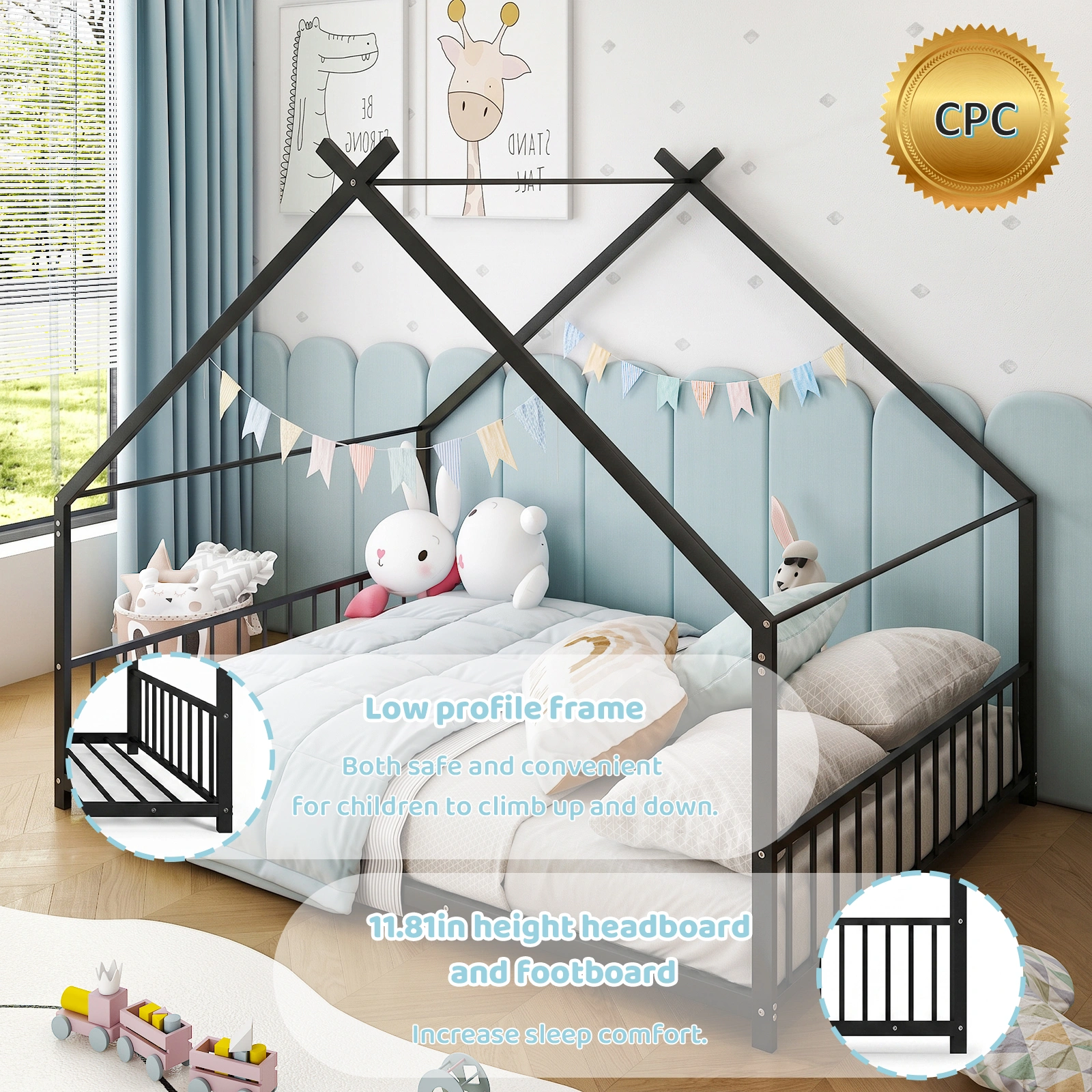 Full Size Metal House Bed Frame, Montessori Floor Bed with Safety Side Guard Rails, No Box Spring Needed, House-Shaped Platform Bed for Kids Toddlers Boys Girls, Black view 7
