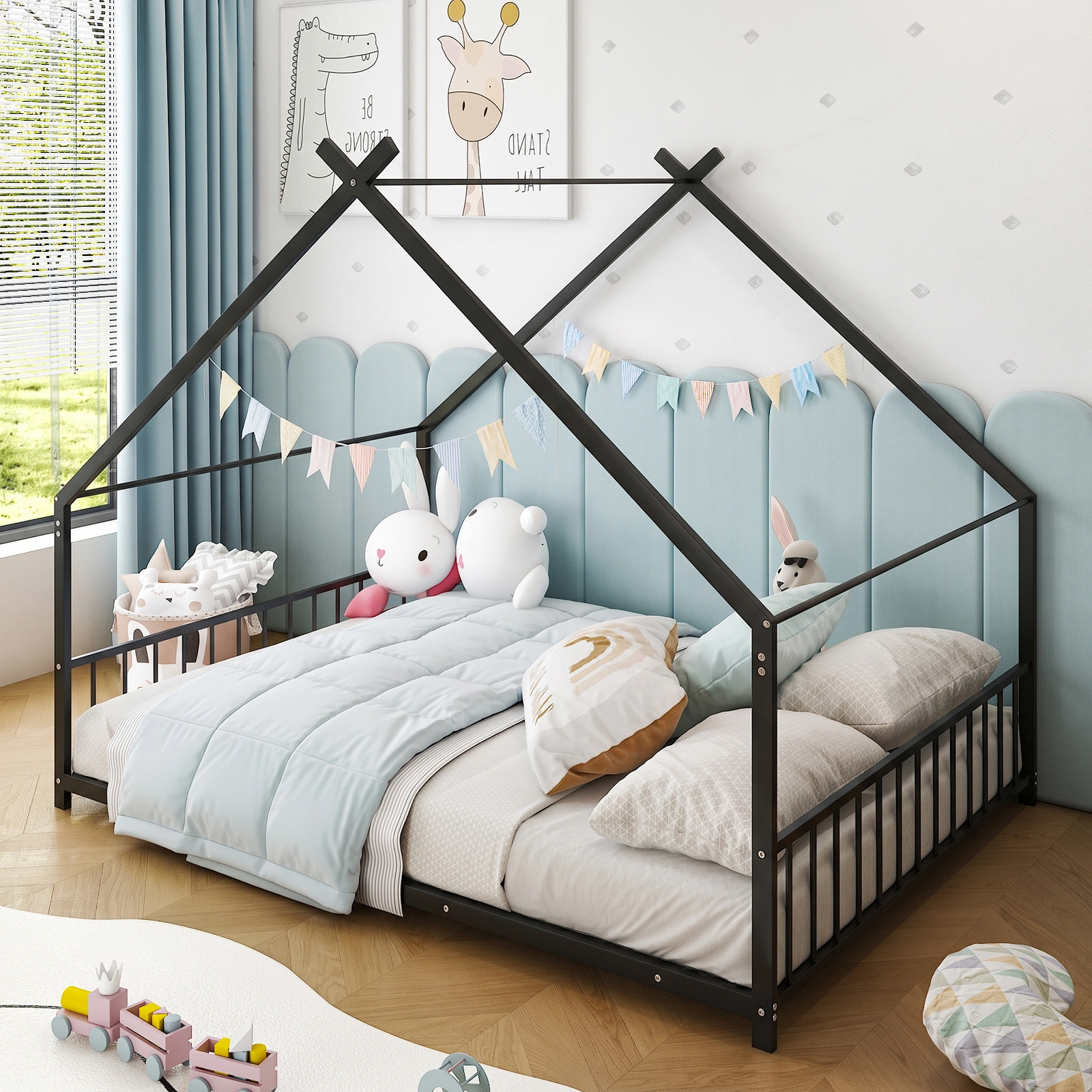 Full Size Metal House Bed Frame, Montessori Floor Bed with Safety Side Guard Rails, No Box Spring Needed, House-Shaped Platform Bed for Kids Toddlers Boys Girls, Black view 9