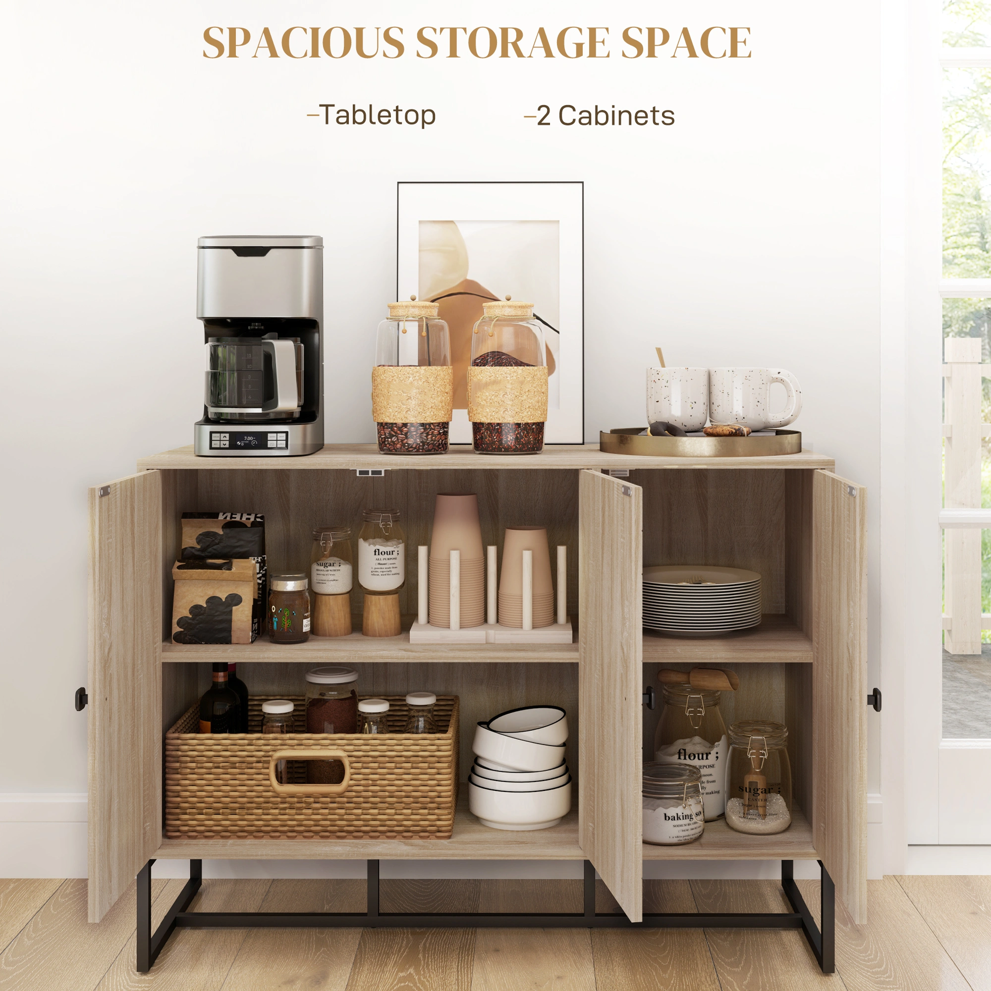 Modern Kitchen Storage Cabinet with Doors and Shelves, Freestanding Pantry Cupboard, White view 3