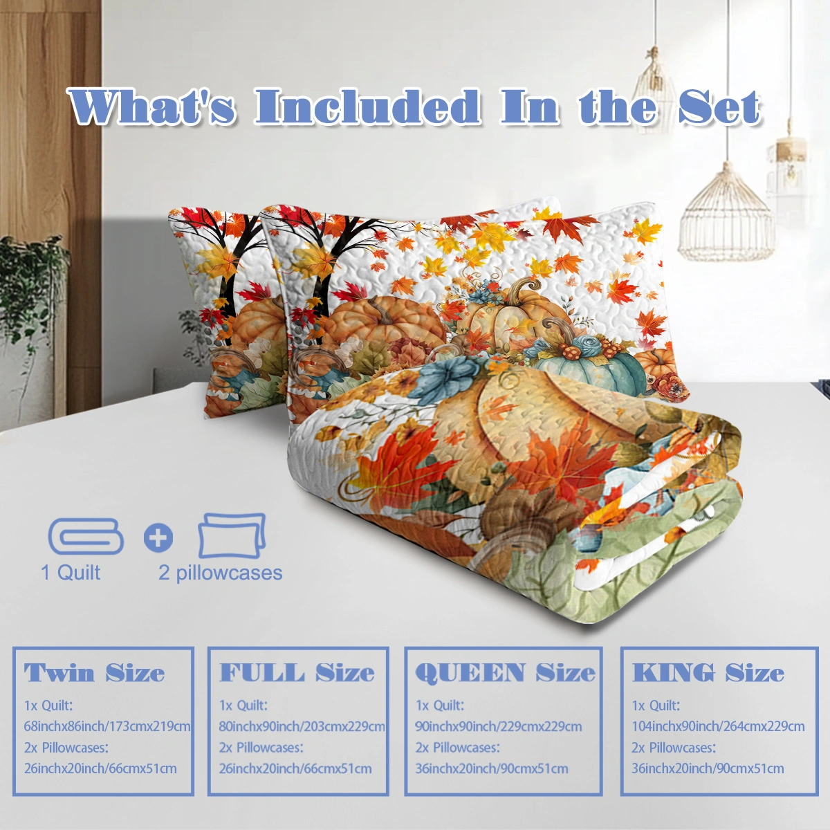 3PCS Colorful Oil Painting Pumpkin Pattern Quilt Set Queen Size for All Seasons Flower Fall Leaves Bedding Set with 2 Pillowcases for Kids Adults Thanksgiving Day Gifts(temu is self-pickup only) view 6