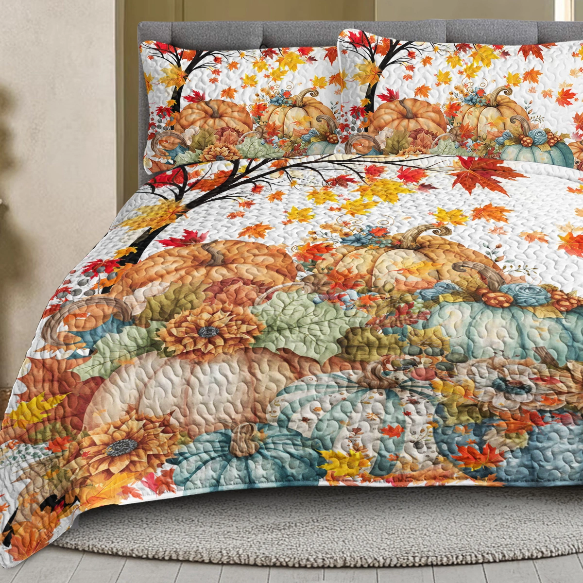 3PCS Colorful Oil Painting Pumpkin Pattern Quilt Set Queen Size for All Seasons Flower Fall Leaves Bedding Set with 2 Pillowcases for Kids Adults Thanksgiving Day Gifts(temu is self-pickup only) view 8