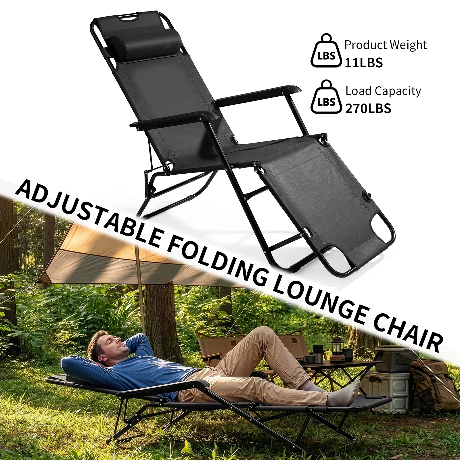 Portable Dual Purposes Extendable Folding Reclining Chair Black view 7