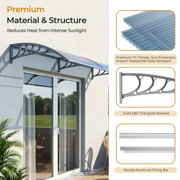 Awning for Door Entrance Window, 38x120 Inch Window Canopy Exterior, UV Rain Snow Protection for House Porch Patio Deck, Gray Bracket & Gray Blue Board view 4