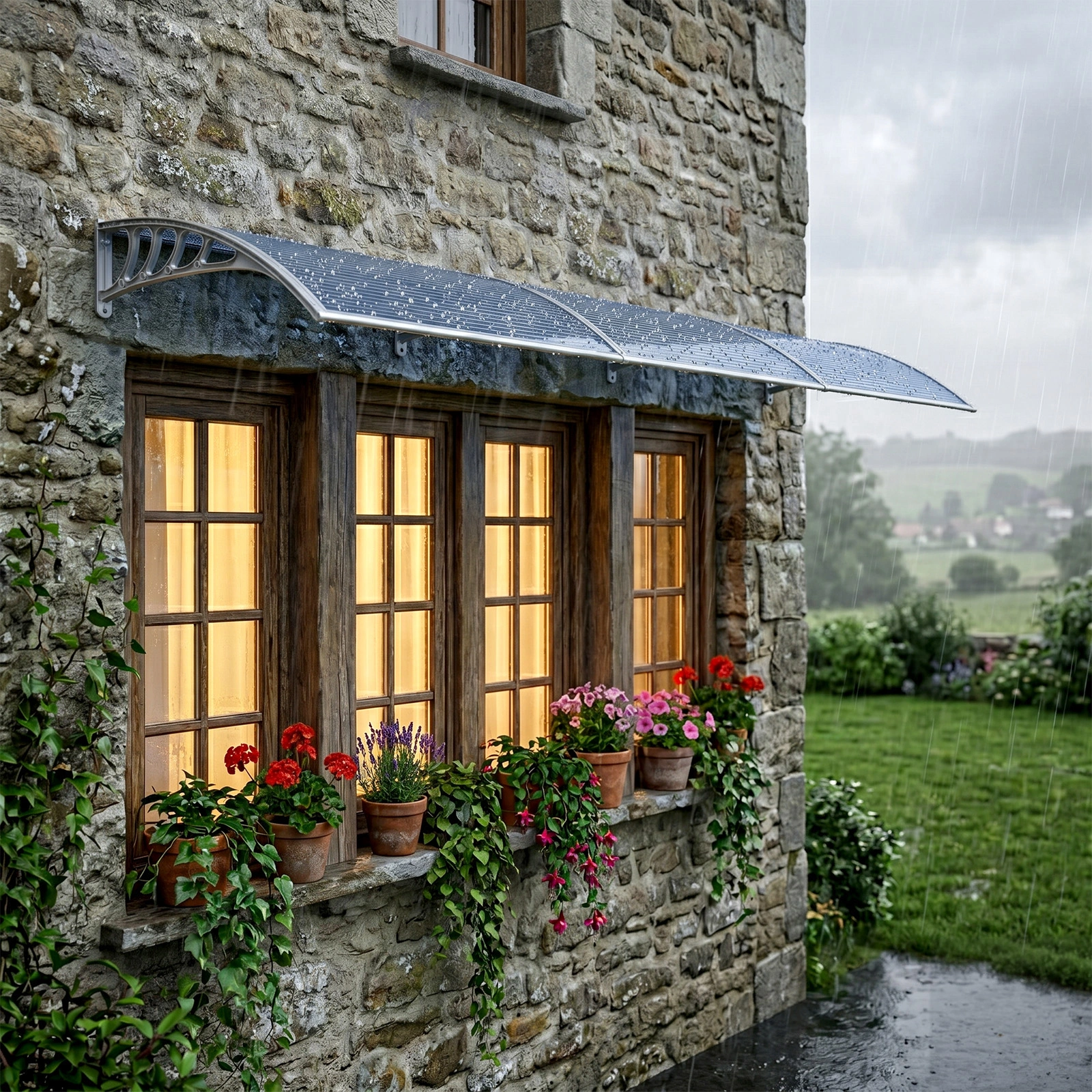 Awning for Door Entrance Window, 38x120 Inch Window Canopy Exterior, UV Rain Snow Protection for House Porch Patio Deck, Gray Bracket & Gray Blue Board view 15