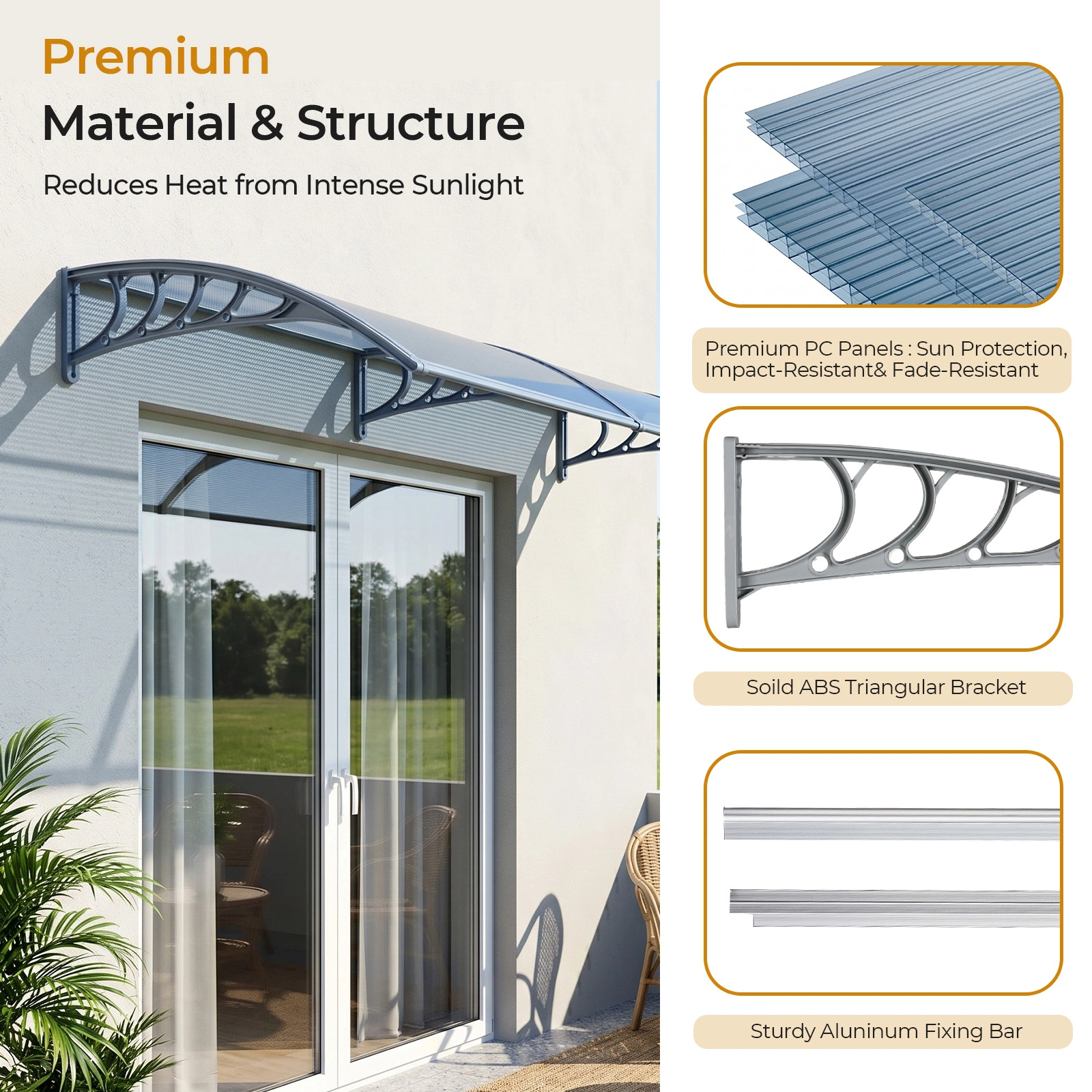 Awning for Door Entrance Window, 38x120 Inch Window Canopy Exterior, UV Rain Snow Protection for House Porch Patio Deck, Gray Bracket & Gray Blue Board view 4