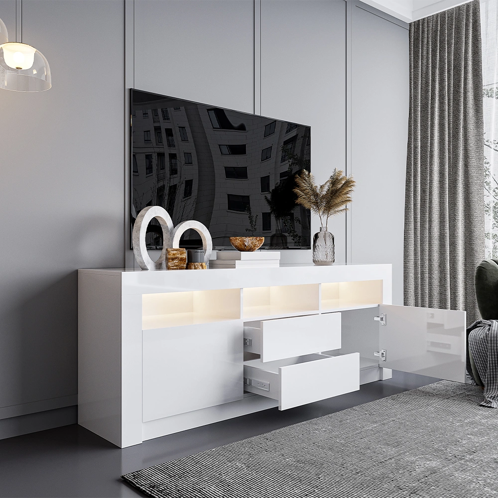 157cm TV Unit Stand Cabinet Sideboard High Gloss Front LED Light All White view 3