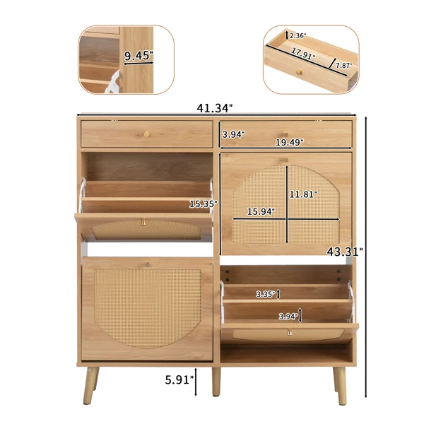 Rattan-front shoe cabinet with 2 drawers and 4 flip-down compartments, made of particleboard, 105*24*110cm, natural wood color view 4