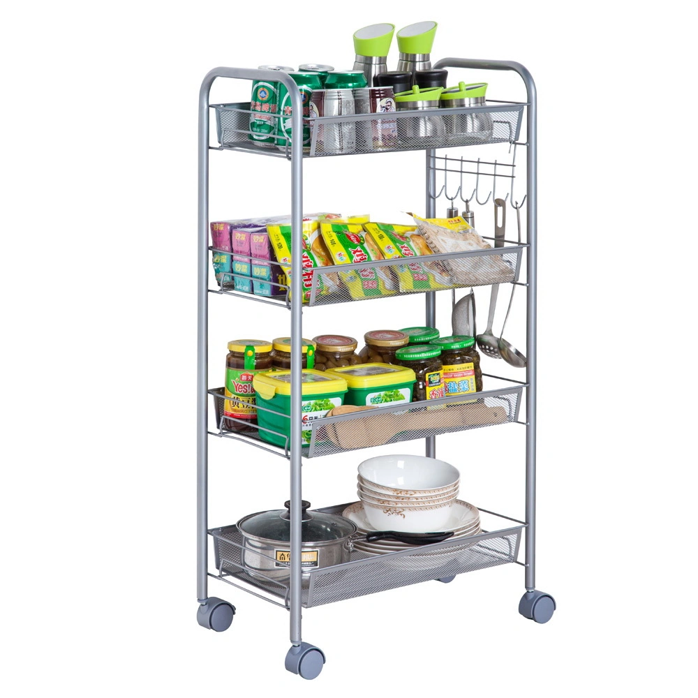 Silver Honeycomb Mesh 4-Layer Removable Storage Cart - Multi-Tier Rolling Organizer with Mesh Design view 3