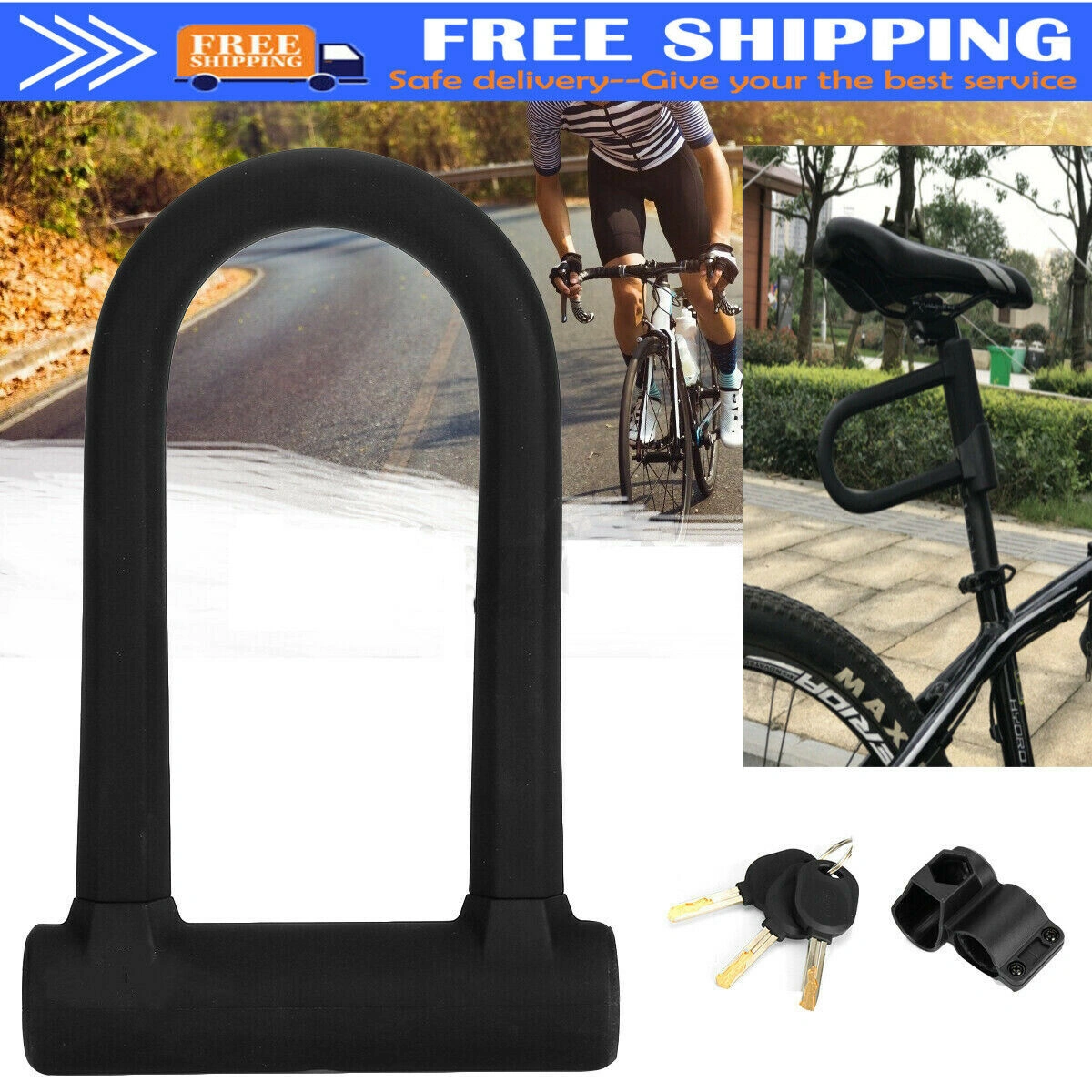 Heavy Duty D/U Bike Lock - Anti-Theft Bicycle Motorbike Motorcycle Scooter Security Chain Cable Lock with Key