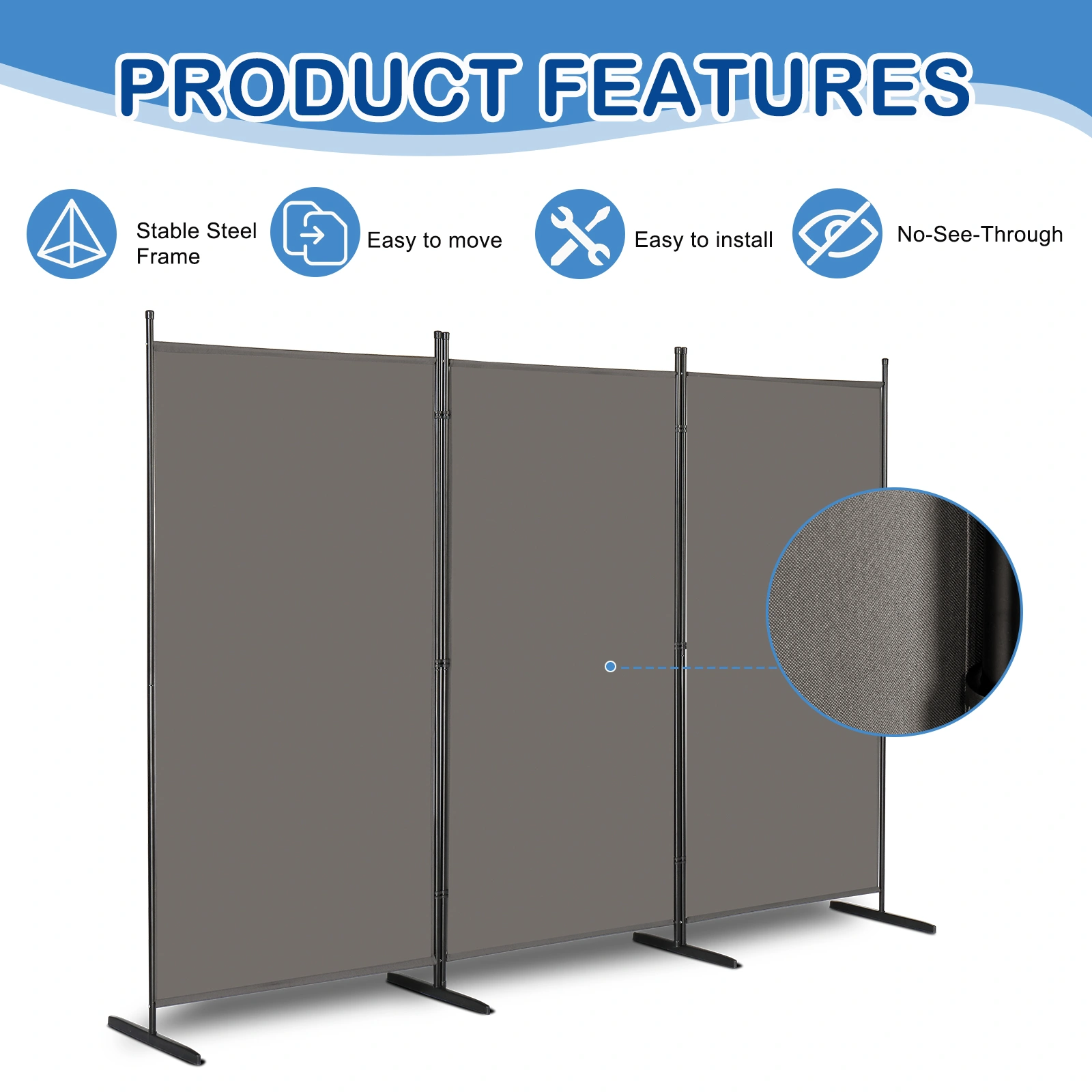 6FT Trifold Room Divider Screen, 130g Polyester, Carbon Steel Frame, Foldable Portable Privacy Divider with Plastic Feet, Gray view 3