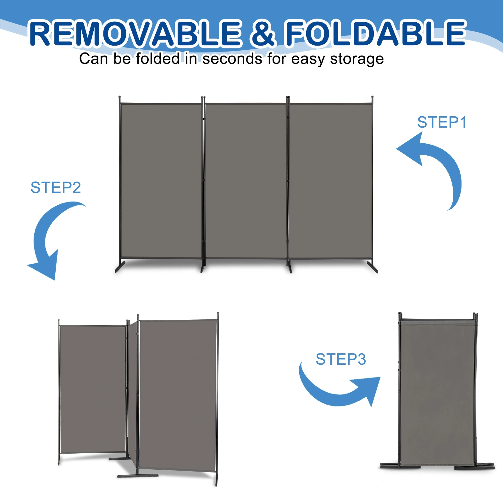 6FT Trifold Room Divider Screen, 130g Polyester, Carbon Steel Frame, Foldable Portable Privacy Divider with Plastic Feet, Gray view 4
