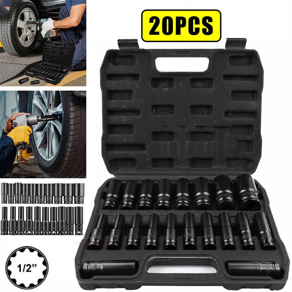 20pc Deep Impact Socket Set 1/2 Drive 8-32mm Metric Chrome Steel Ratchet Wrench Tool Kit Lifetime Warranty UK view 3