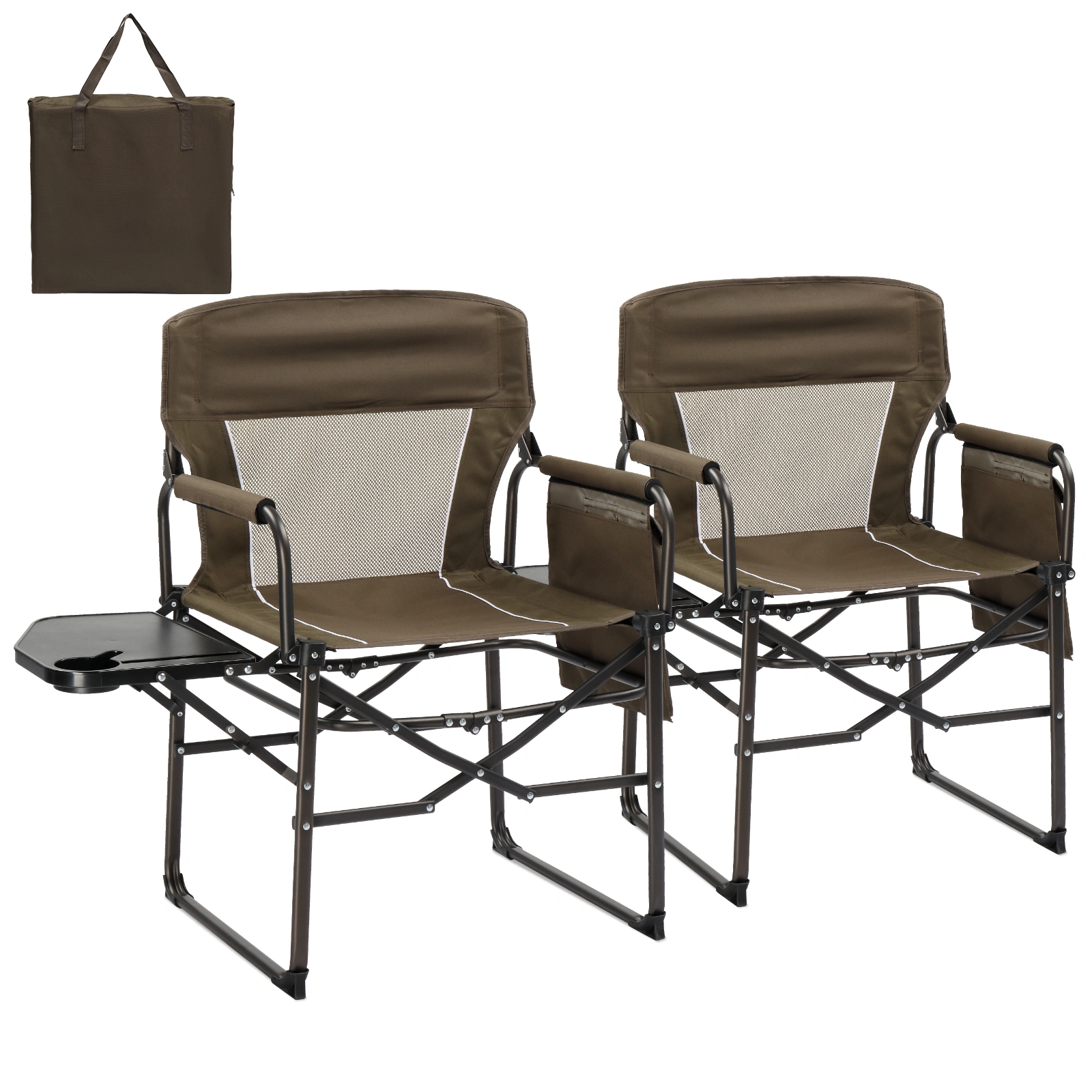 Folding Camping Directors Chair Portable Outdoor Chair w/ Cup Holder Side Table Storage Pocket, Brown view 2