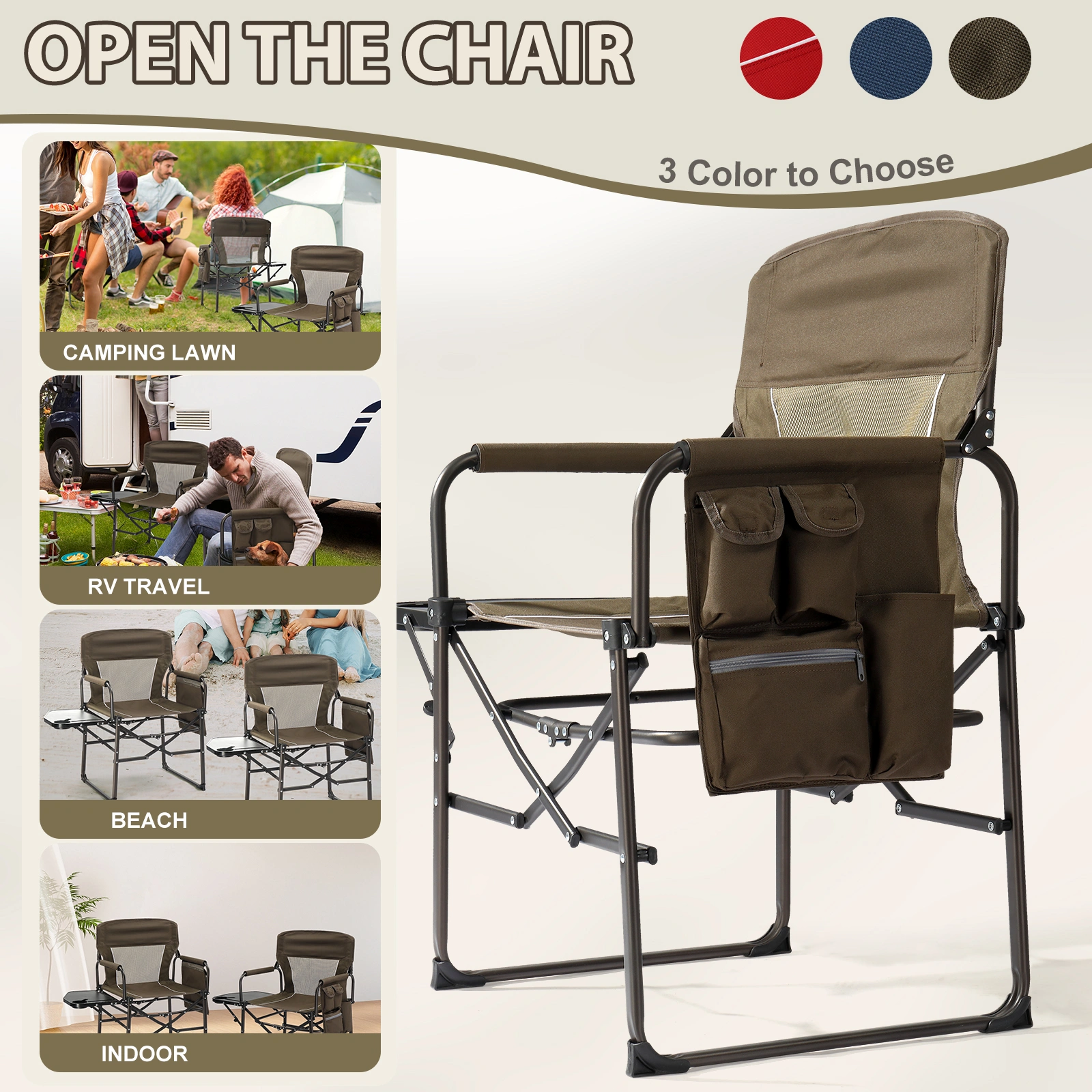 Folding Camping Directors Chair Portable Outdoor Chair w/ Cup Holder Side Table Storage Pocket, Brown view 3