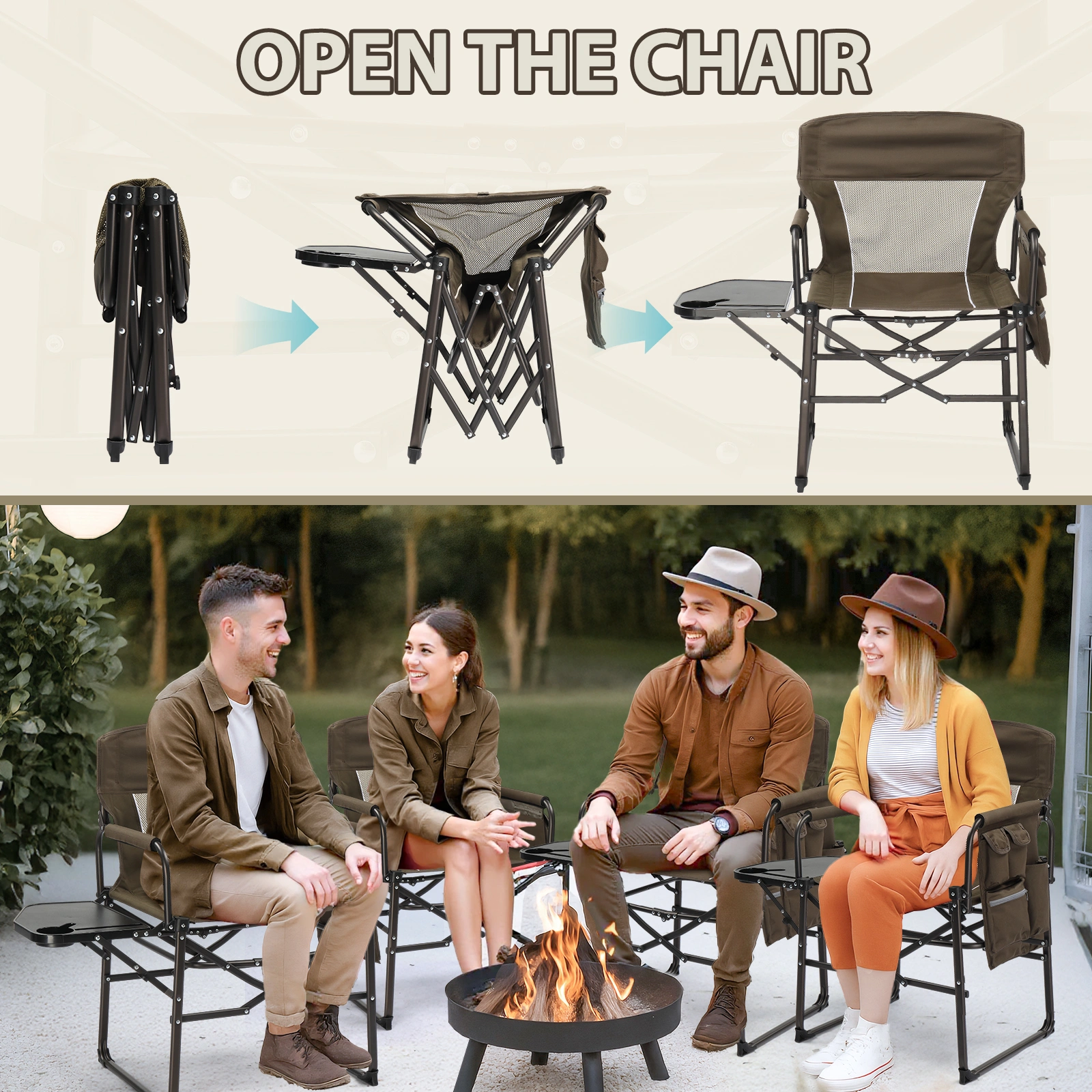 Folding Camping Directors Chair Portable Outdoor Chair w/ Cup Holder Side Table Storage Pocket, Brown view 4