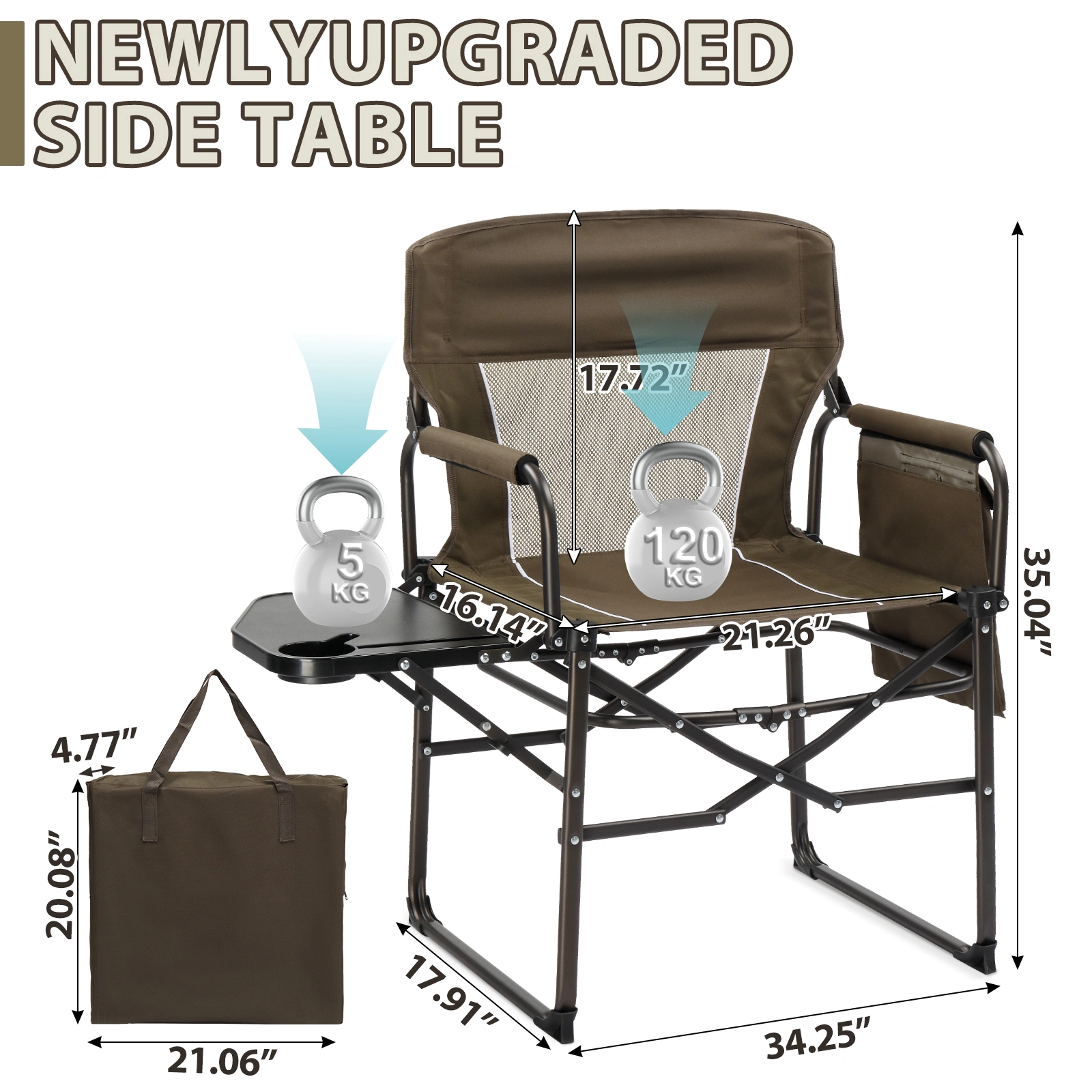 Folding Camping Directors Chair Portable Outdoor Chair w/ Cup Holder Side Table Storage Pocket, Brown view 5