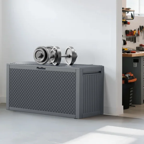 90gal Outdoor Garden Plastic Storage Deck Box Chest Tools Cushions Toys Lockable Seat view 3