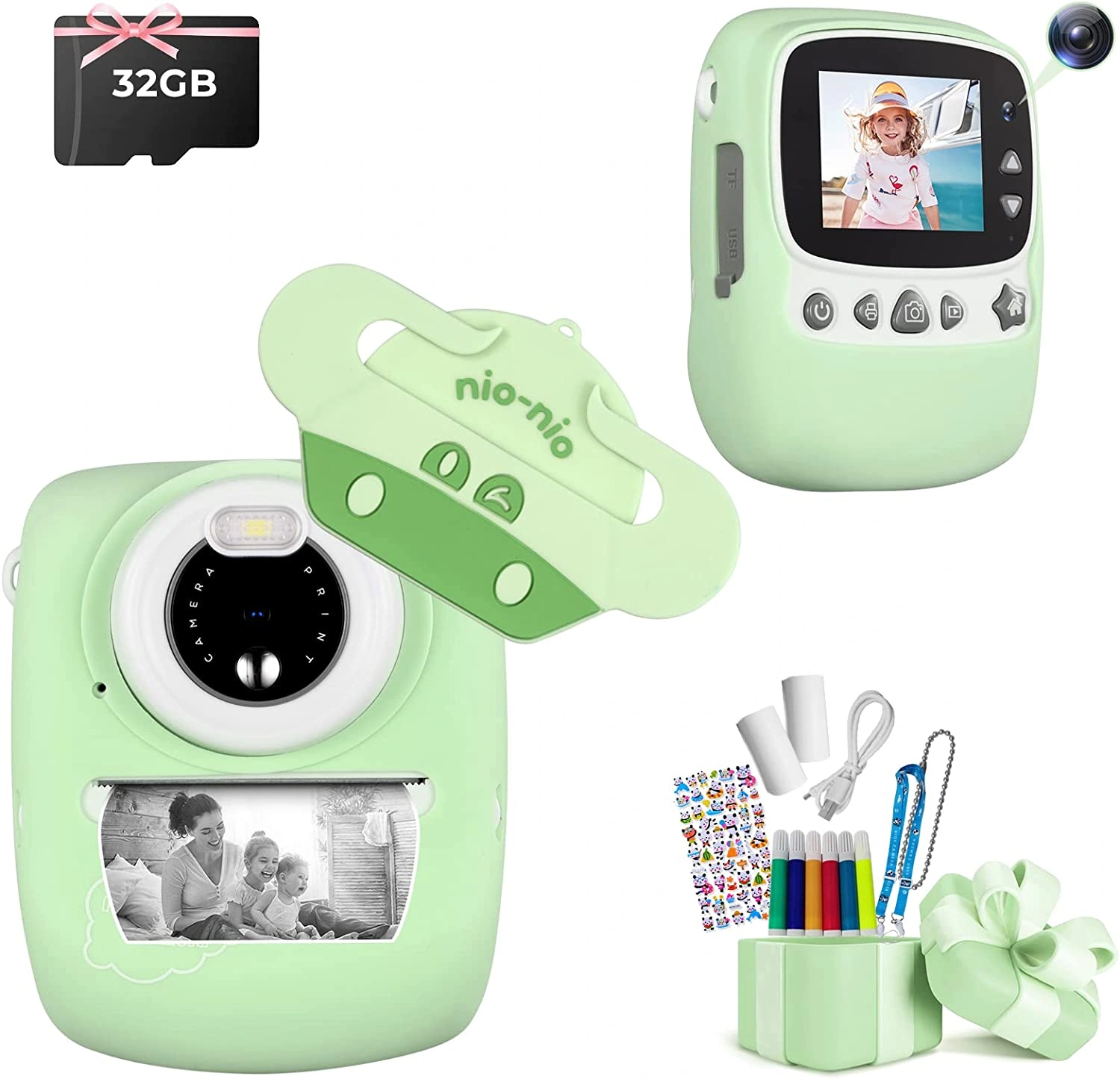 Kids Camera 30MP WiFi Digital Camera 1080P Selfie 2.4 Inch Screen with 32GB TF Card Green Gift