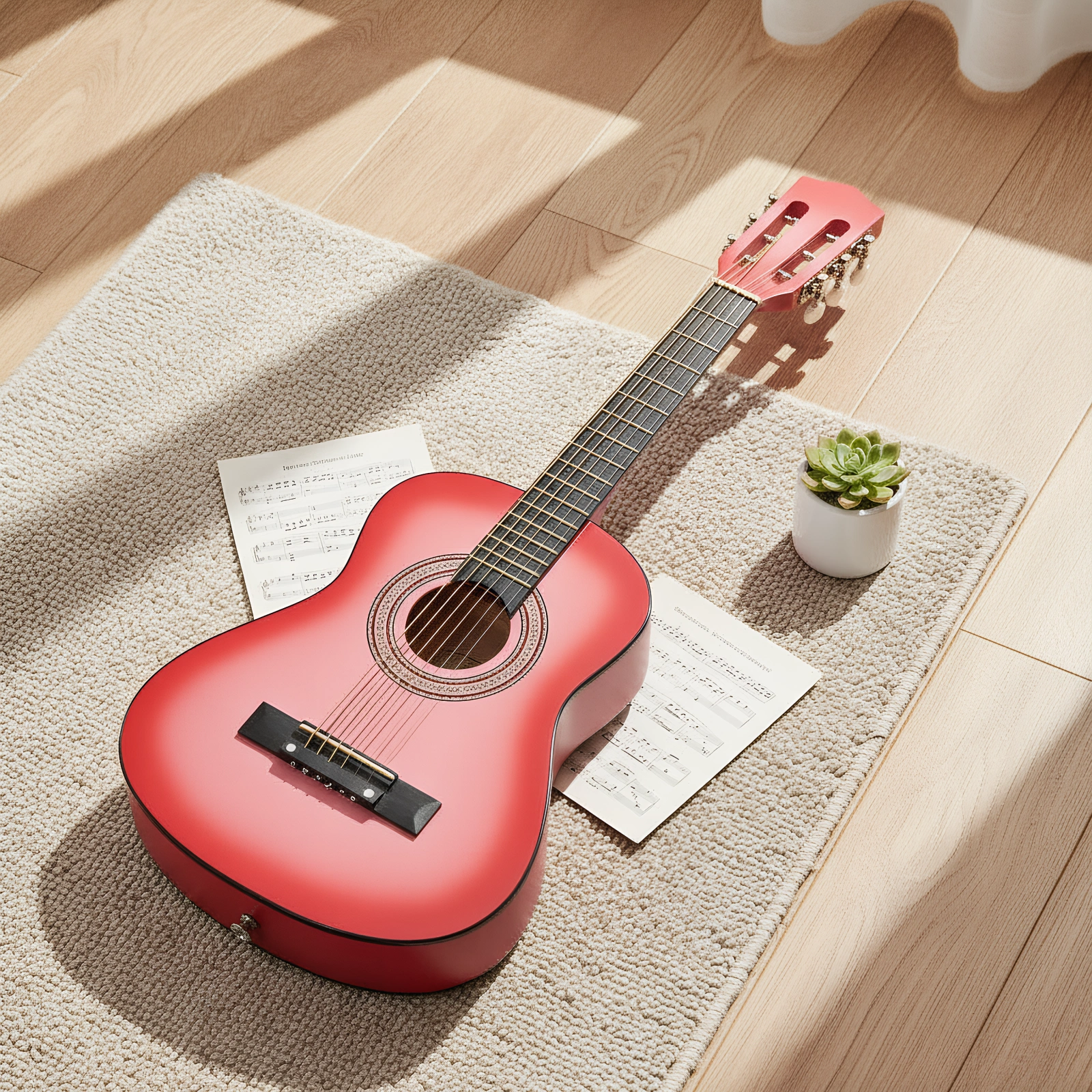 Pink 30-inch acoustic guitar with pick, strings, capo, gig bag, tuner and shoulder strap view 11