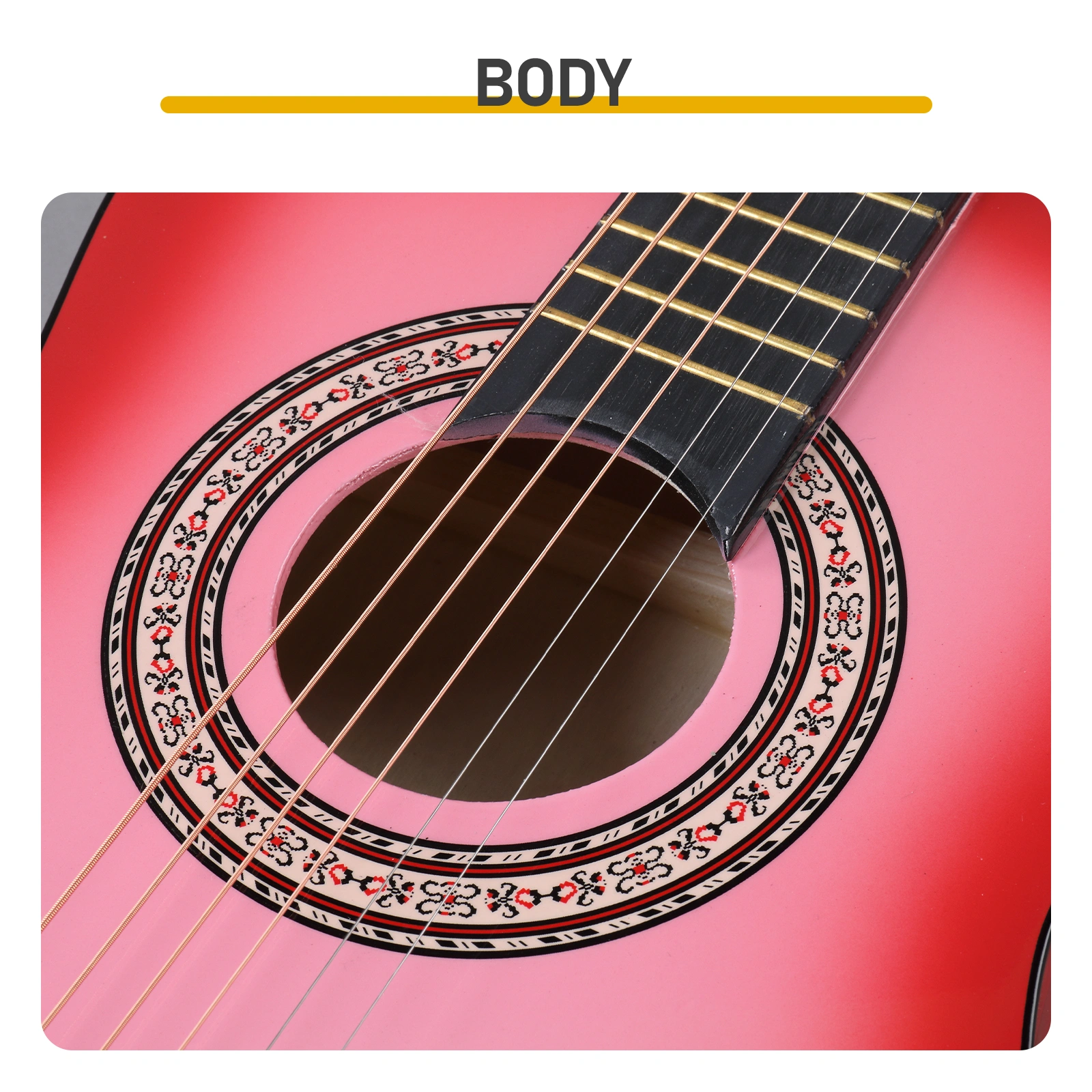 Pink 30-inch acoustic guitar with pick, strings, capo, gig bag, tuner and shoulder strap view 13