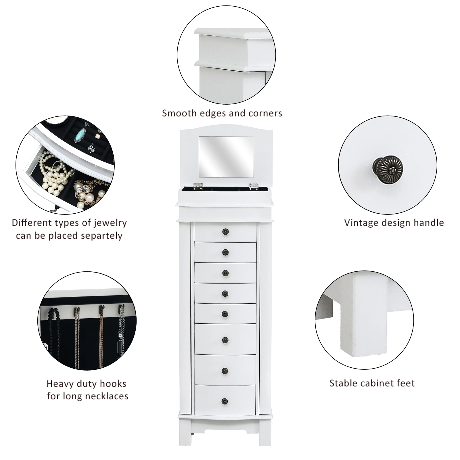 White Jewelry Armoire with Mirror, 8 Drawers, 16 Necklace Hooks, 2 Side Swing Doors view 2