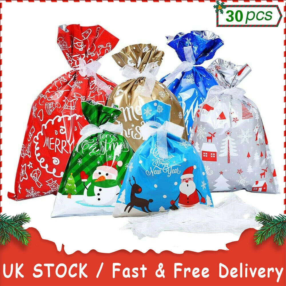 30pcs Christmas Gift Bags Santa Foil Drawstring Pouches Xmas Treat Packaging