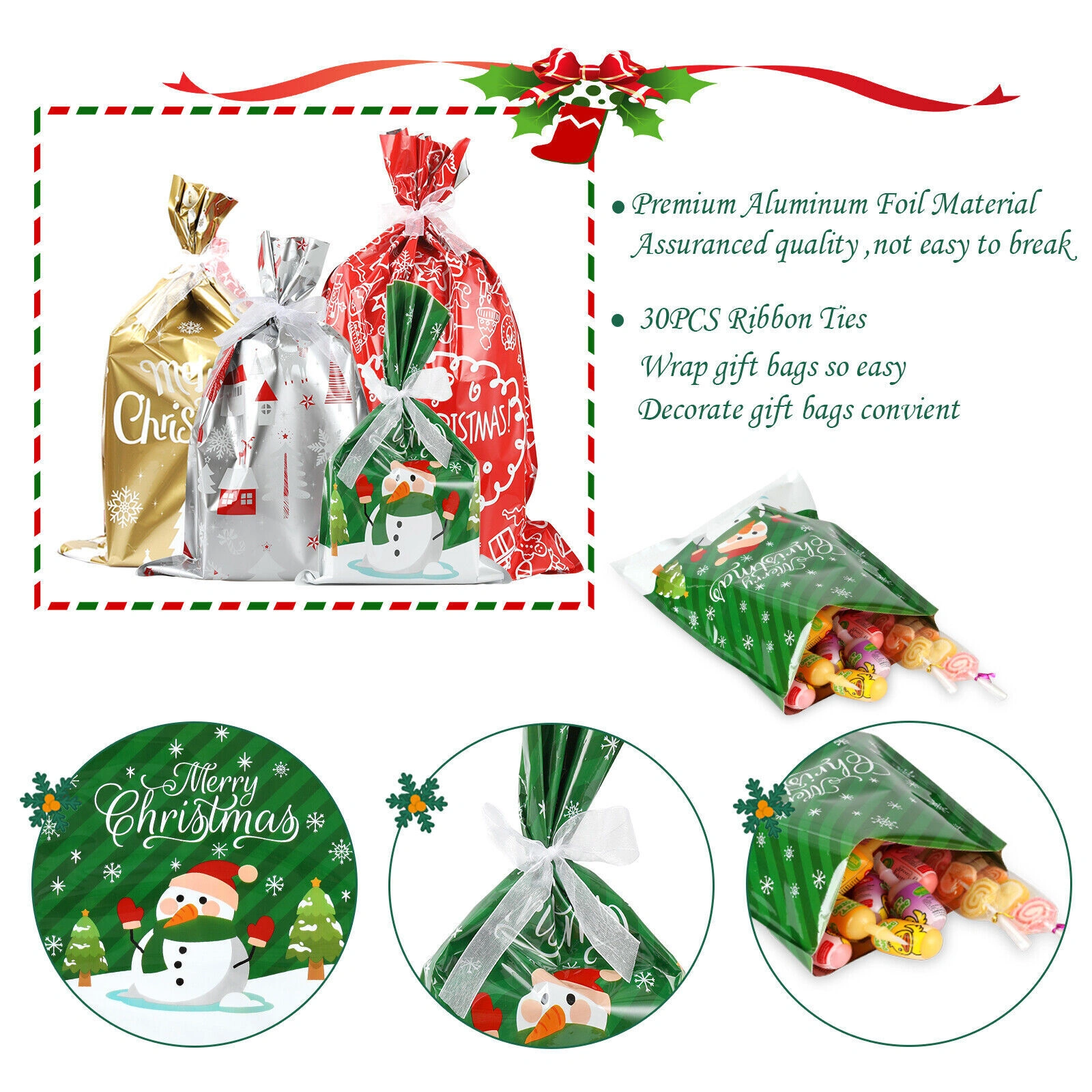 30pcs Christmas Gift Bags Santa Foil Drawstring Pouches Xmas Treat Packaging view 2
