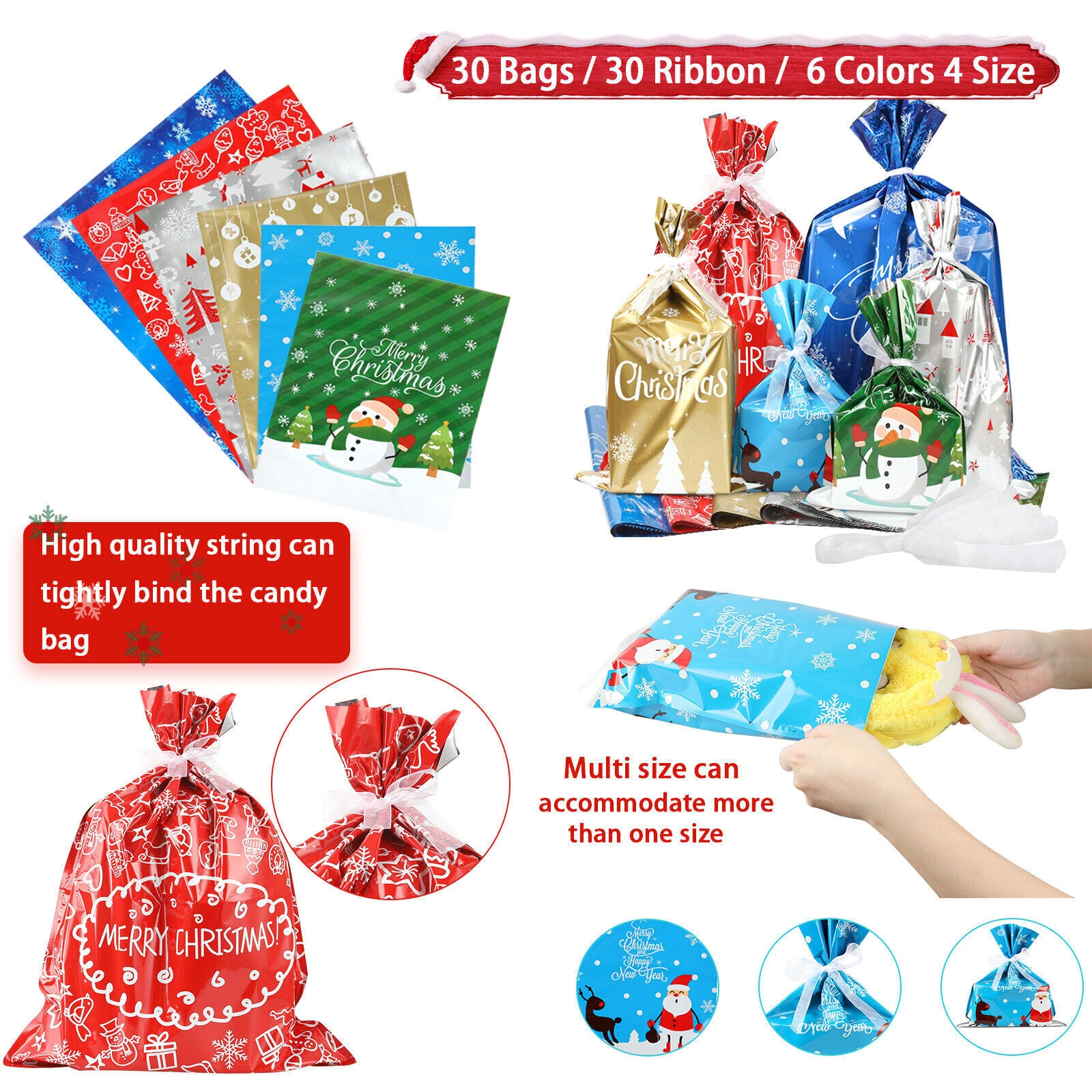 30pcs Christmas Gift Bags Santa Foil Drawstring Pouches Xmas Treat Packaging view 3