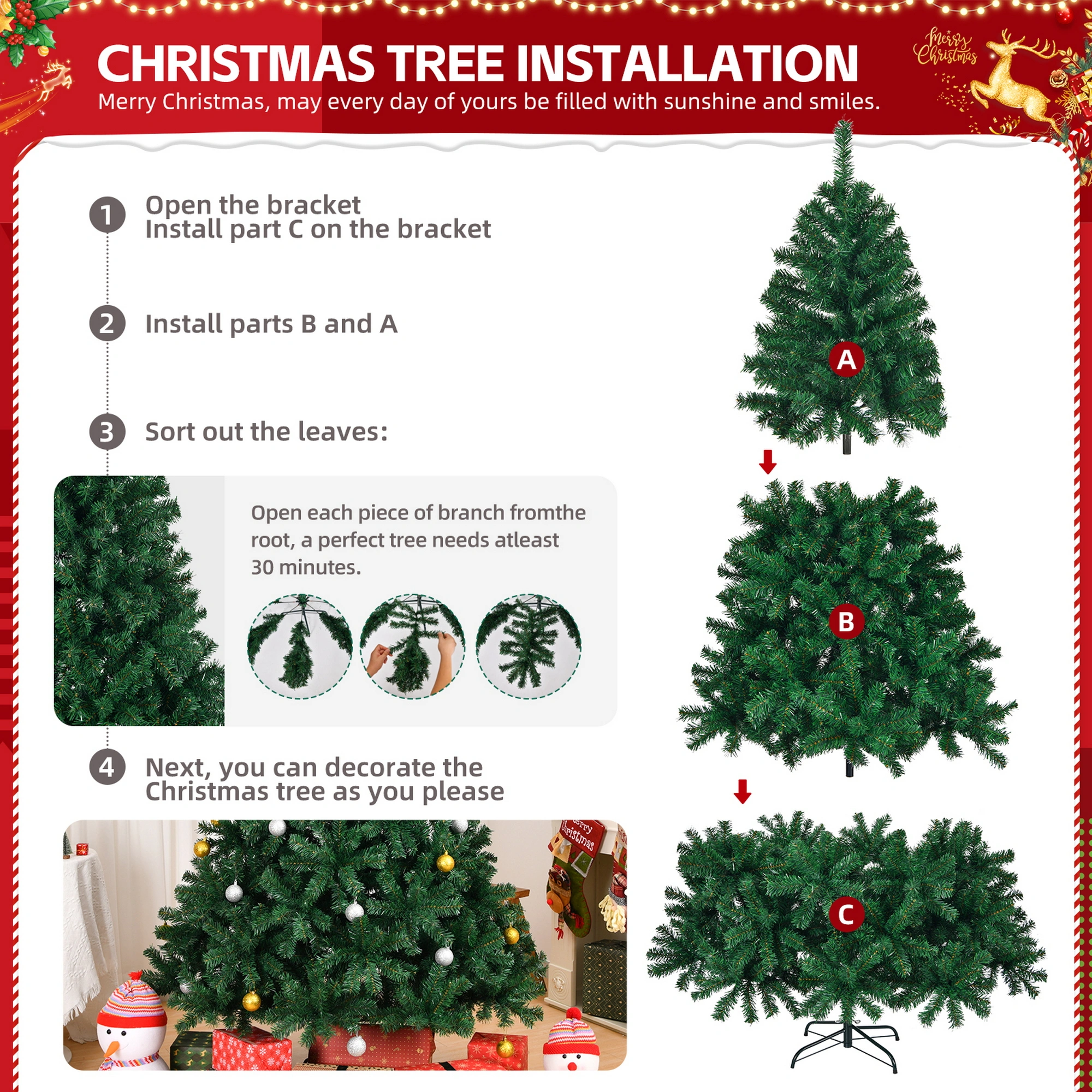 7ft Artificial Christmas Tree, Unlit Pine Tree with 850 Branch Tips, Sturdy Metal Stand, Holiday Decor for Home Office Party, Green view 4