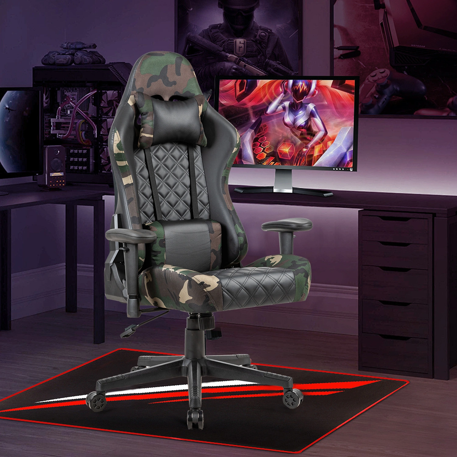 Gaming Chair Ergonomic PU Racing Office Chair with Lumbar Support & Headrest Adjustable Height 360° Swivel view 2