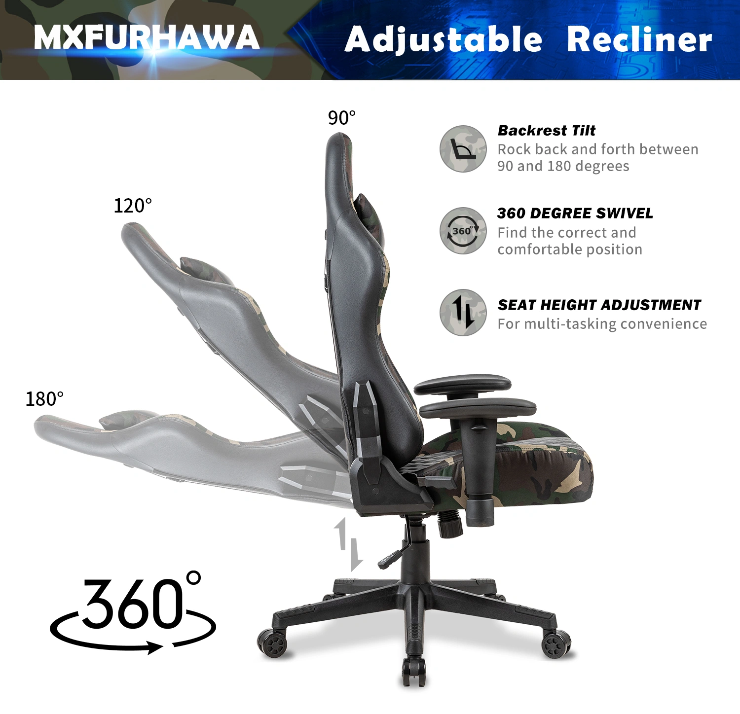 Gaming Chair Ergonomic PU Racing Office Chair with Lumbar Support & Headrest Adjustable Height 360° Swivel view 3