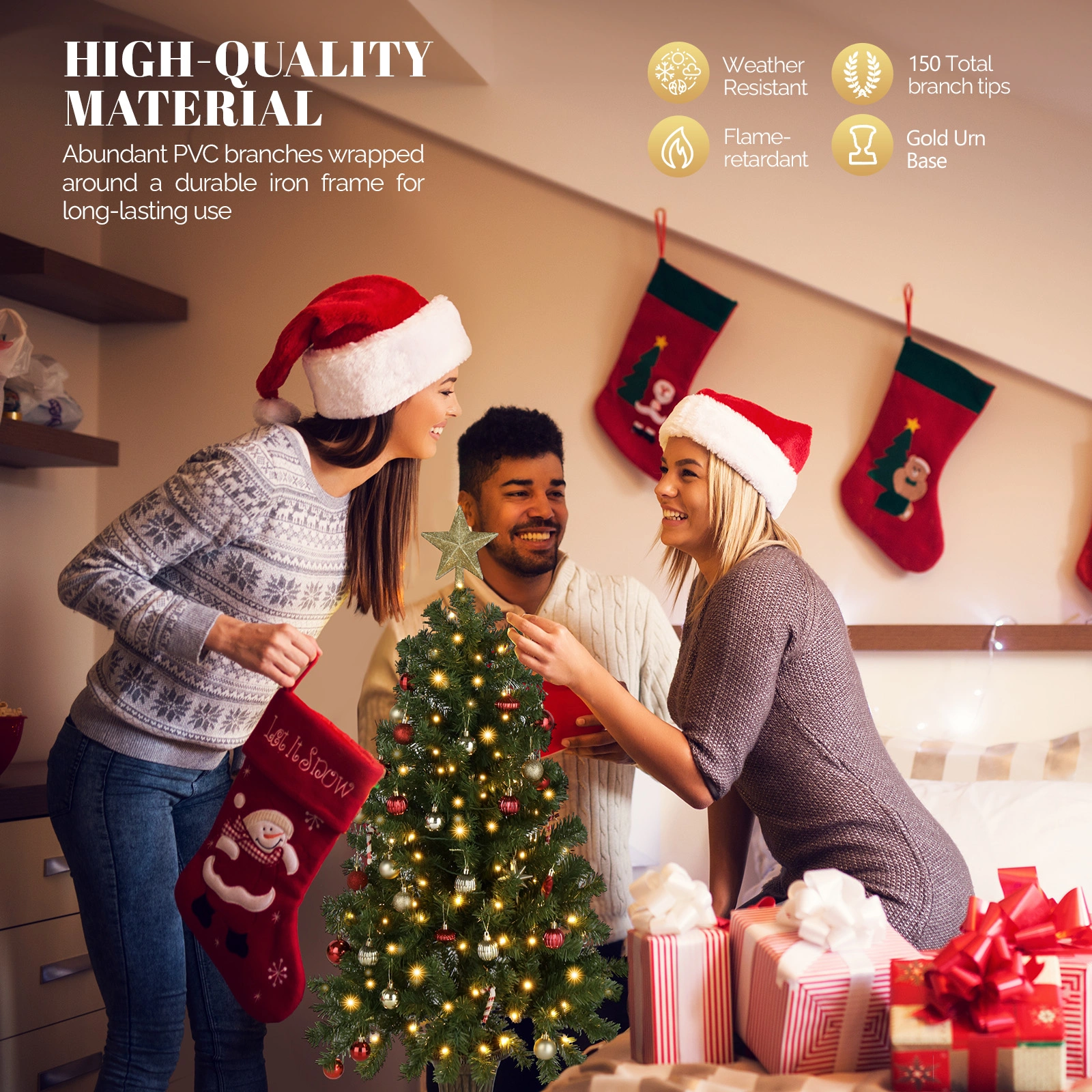 4FT Pre-Lit Artificial Christmas Tree with Trophy Base, Potted Xmas Tree, 120 Warm Lights, 211 Branch Tips, Remote Control, Green Holiday Decor for Home Office Party view 4