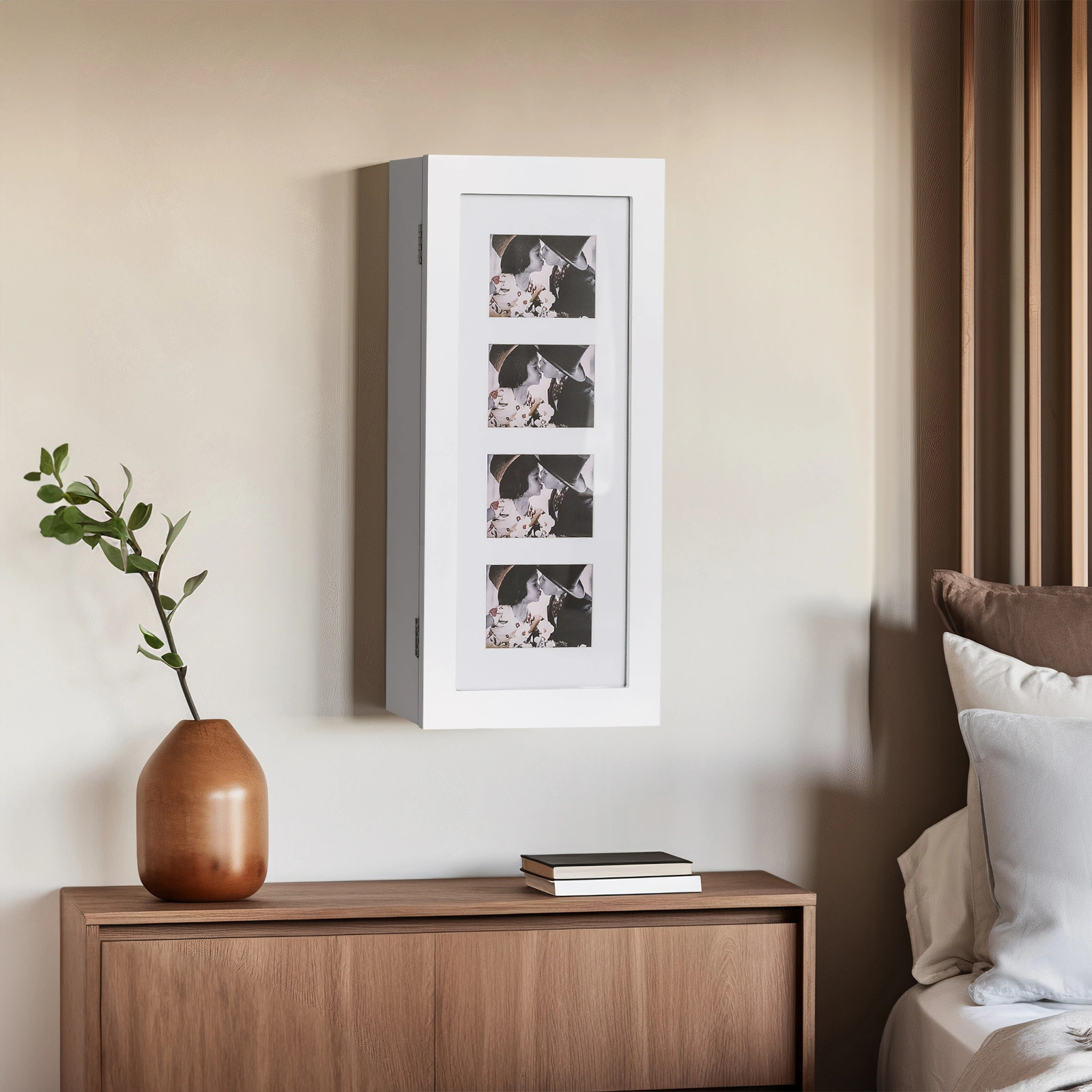 Simple PVC Wood Grain Coating Photo Storage Damp-proof Jewelry Mirror Cabinet White view 24