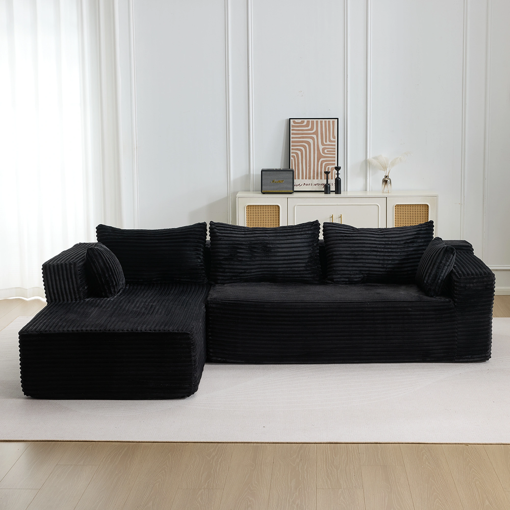 Compression Sectional Couch with Chaise, Boneless L Shape Sofa, Deep Seat Modular Sleeper, Corduroy Black for Living Room Bedroom Apartment