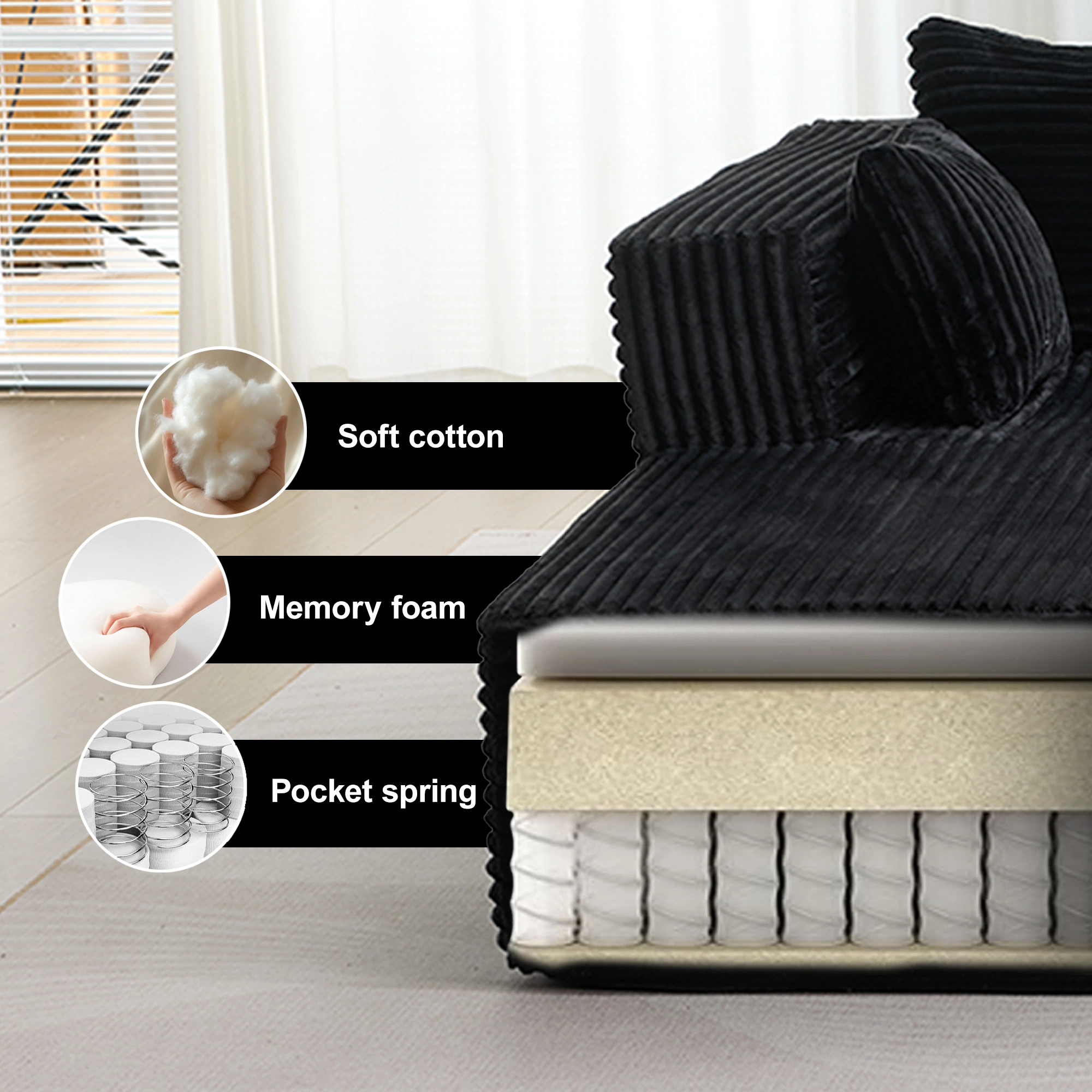 Compression Sectional Couch with Chaise, Boneless L Shape Sofa, Deep Seat Modular Sleeper, Corduroy Black for Living Room Bedroom Apartment view 5