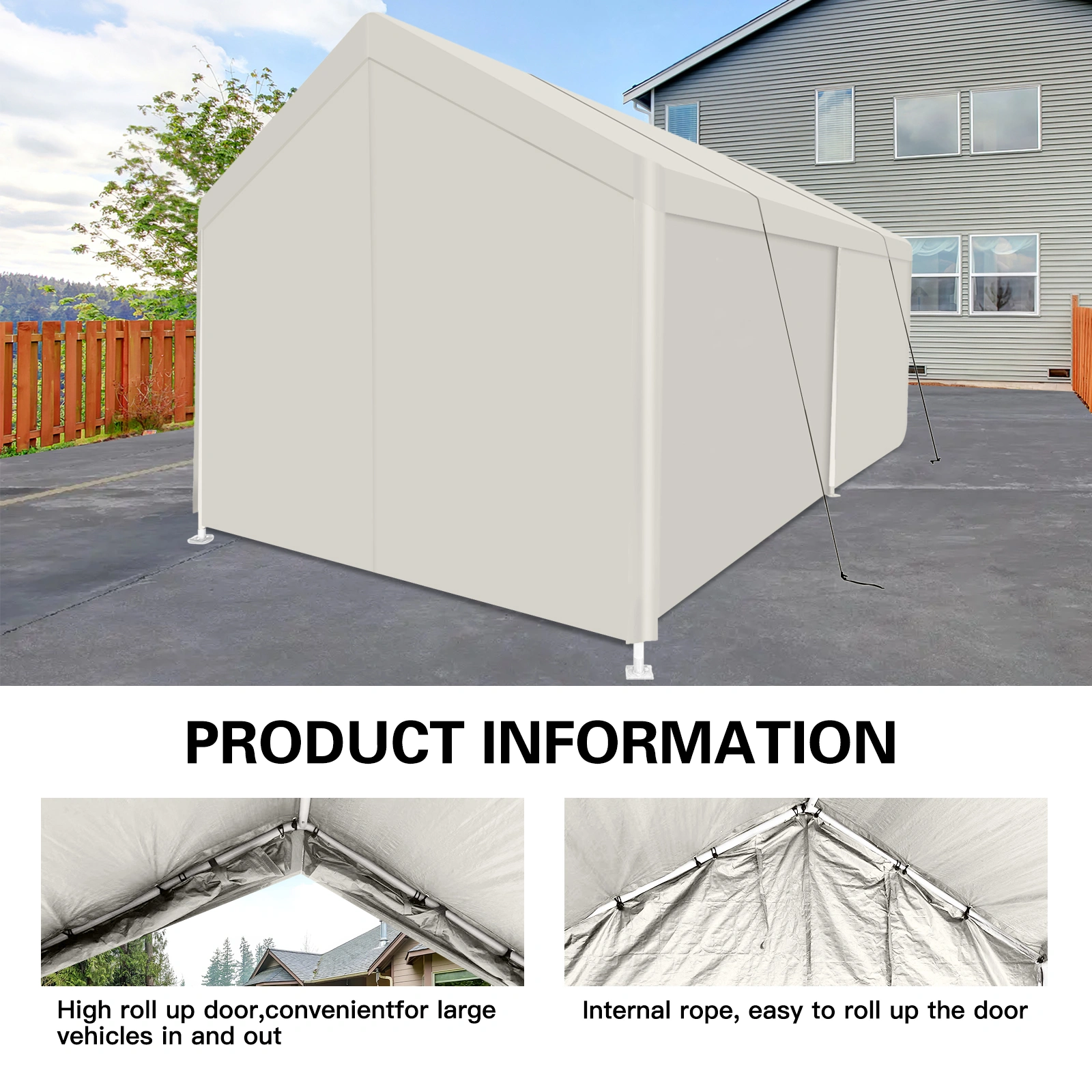 Heavy Duty Portable Carport 12x20 ft, Outdoor Garage Shelter Tent with Steel Frame, Waterproof Car Cover Storage Canopy, White view 3