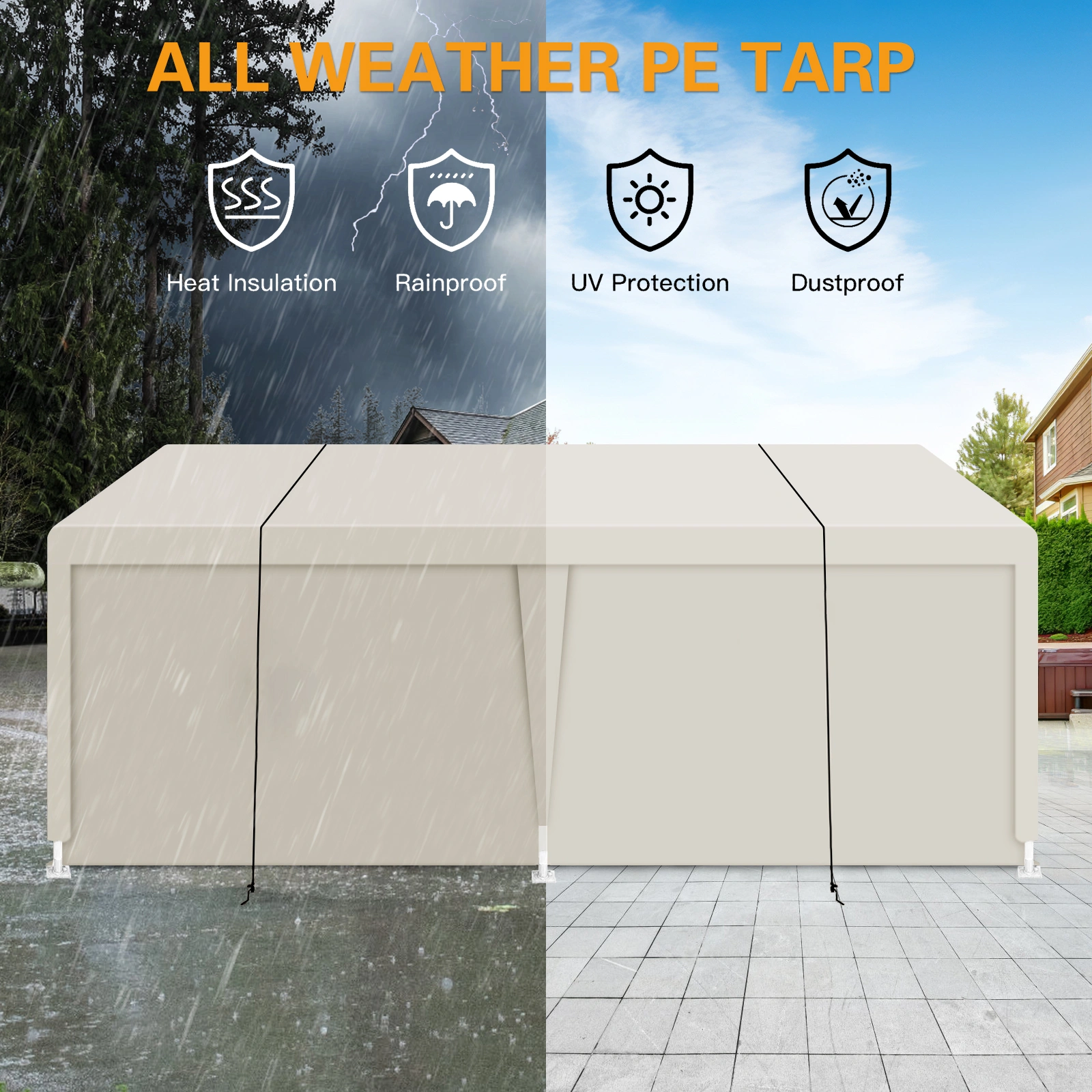 Heavy Duty Portable Carport 12x20 ft, Outdoor Garage Shelter Tent with Steel Frame, Waterproof Car Cover Storage Canopy, White view 5