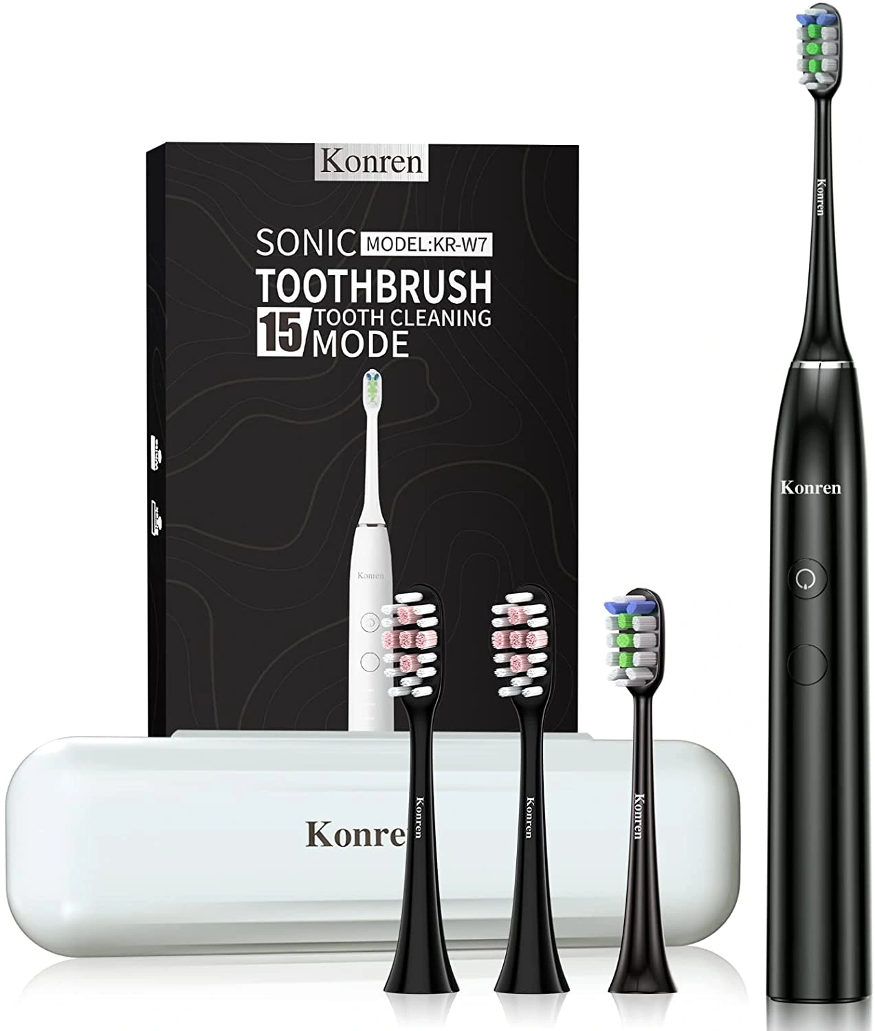 Konren Electric Toothbrush KR-W7 Sonic Rechargeable, 4 Brush Heads, Timer, 5 Modes & 3 Speeds, Travel Case, Black