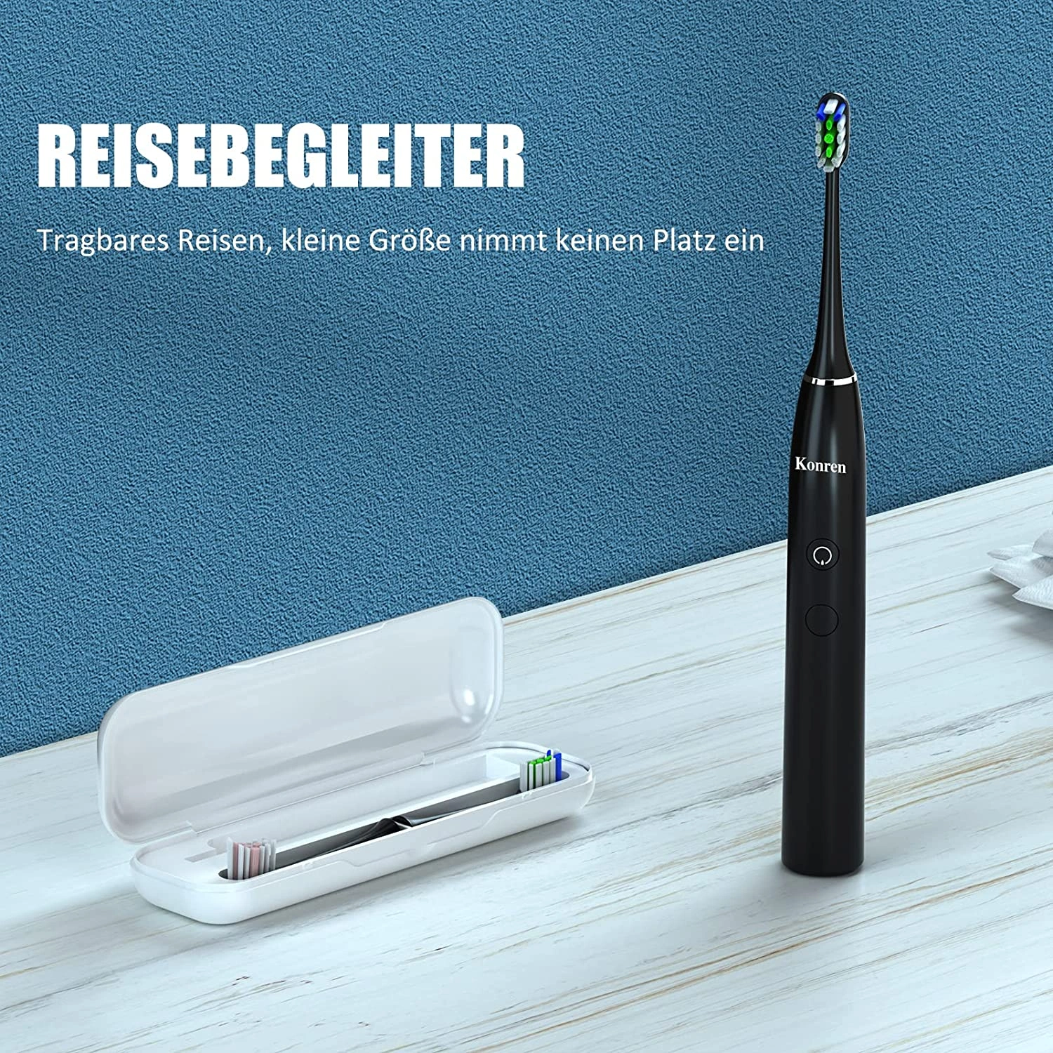 Konren Electric Toothbrush KR-W7 Sonic Rechargeable, 4 Brush Heads, Timer, 5 Modes & 3 Speeds, Travel Case, Black view 2